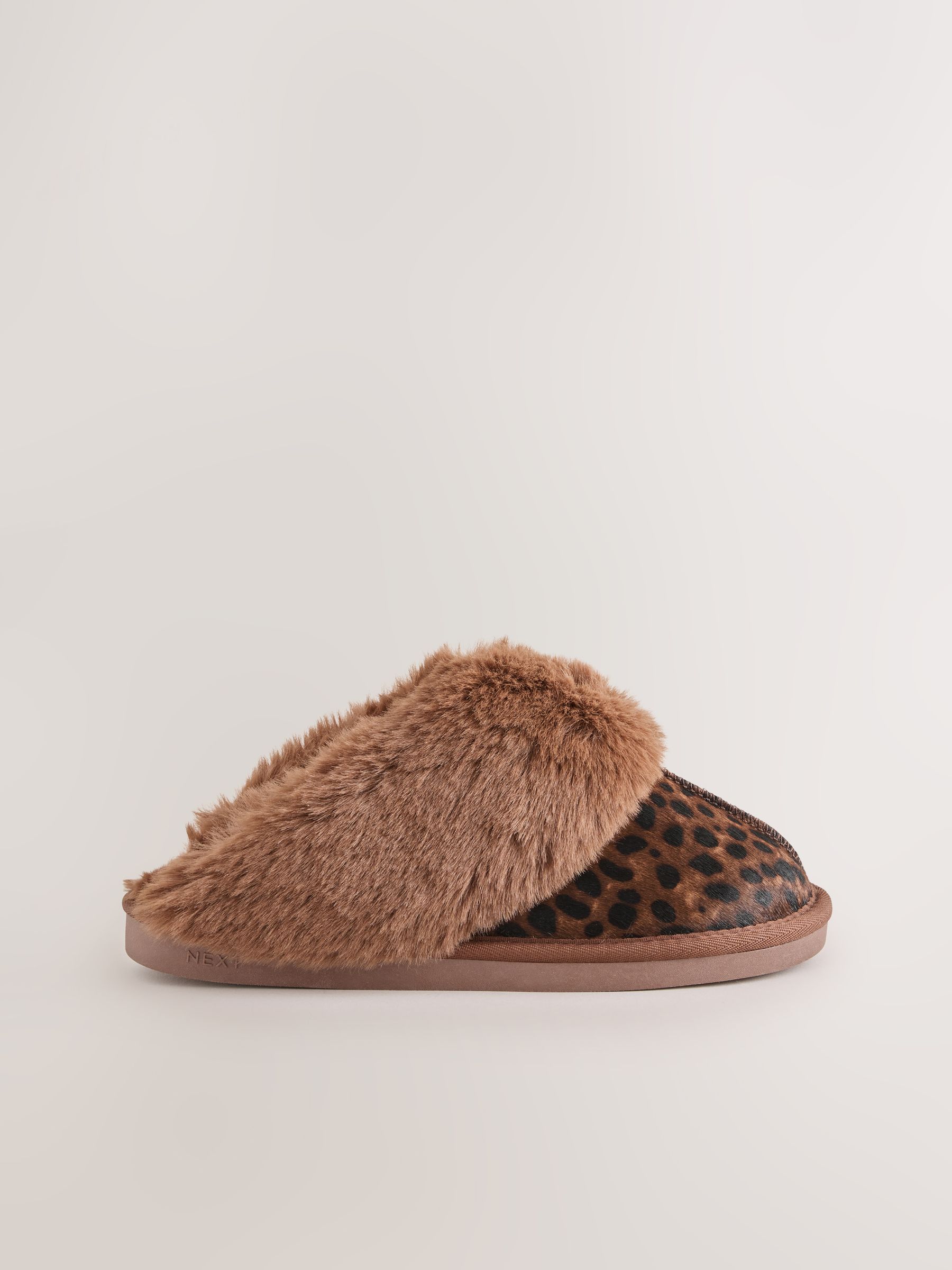 Faux Fur Lined Suede Mule Slippers - Animal/Brown - Regular - SIP Still Life