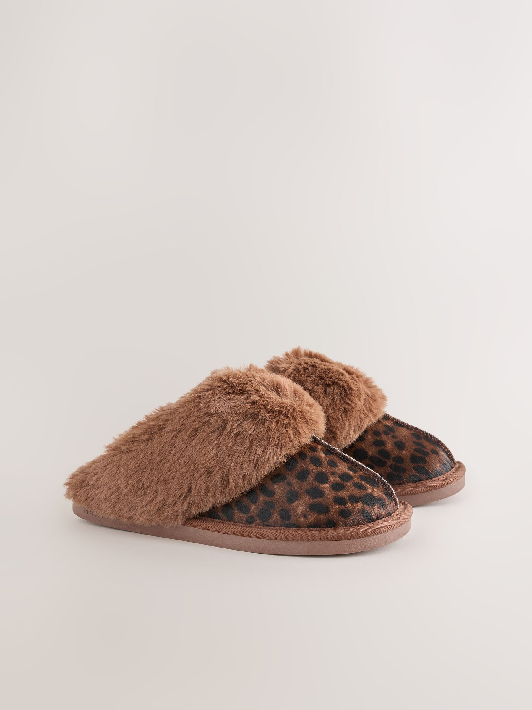 Faux Fur Lined Suede Mule Slippers - Animal/Brown - Regular - SIP Still Life