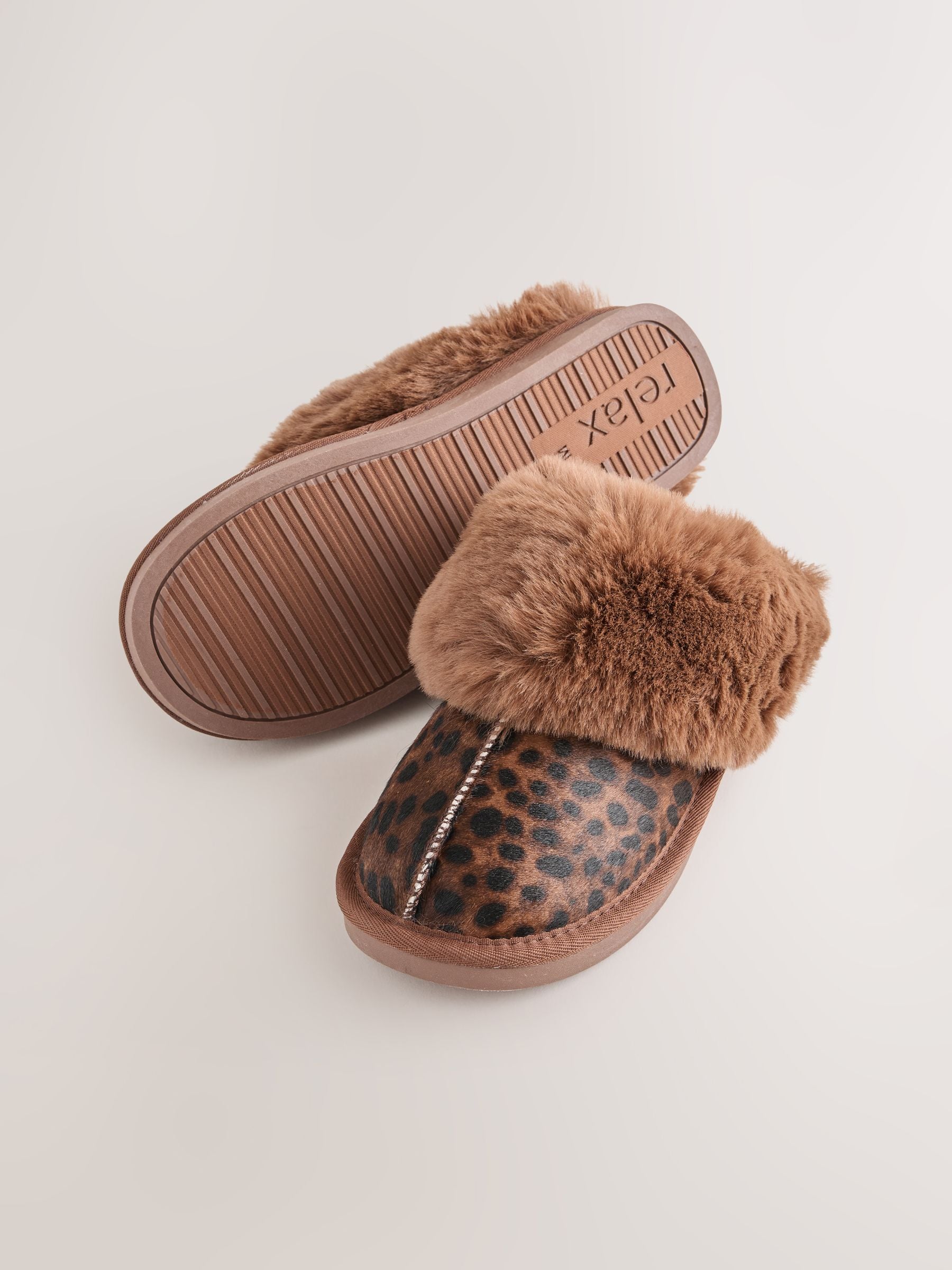 Faux Fur Lined Suede Mule Slippers - Animal/Brown - Regular - SIP Still Life