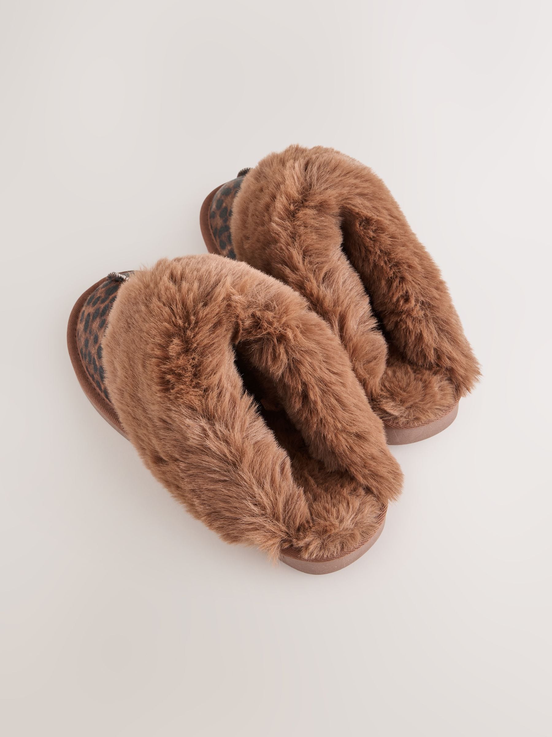 Faux Fur Lined Suede Mule Slippers - Animal/Brown - Regular - SIP Still Life