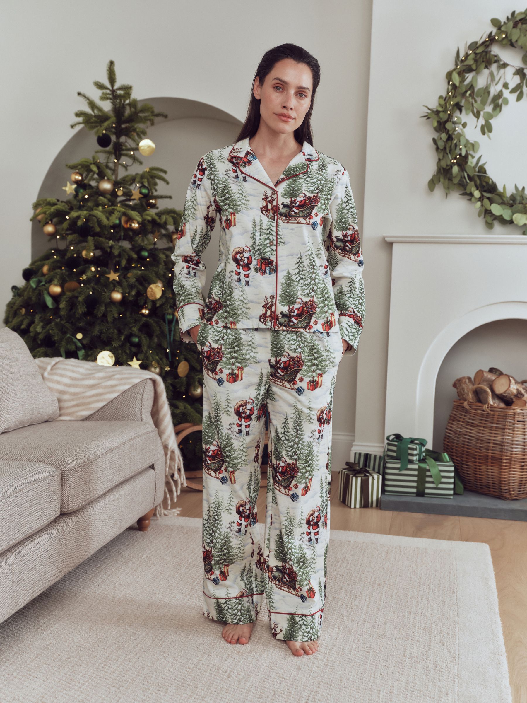 Matching Family Christmas Flannel Button Through Pyjamas - Ecru Santa - Regular - Location Worn