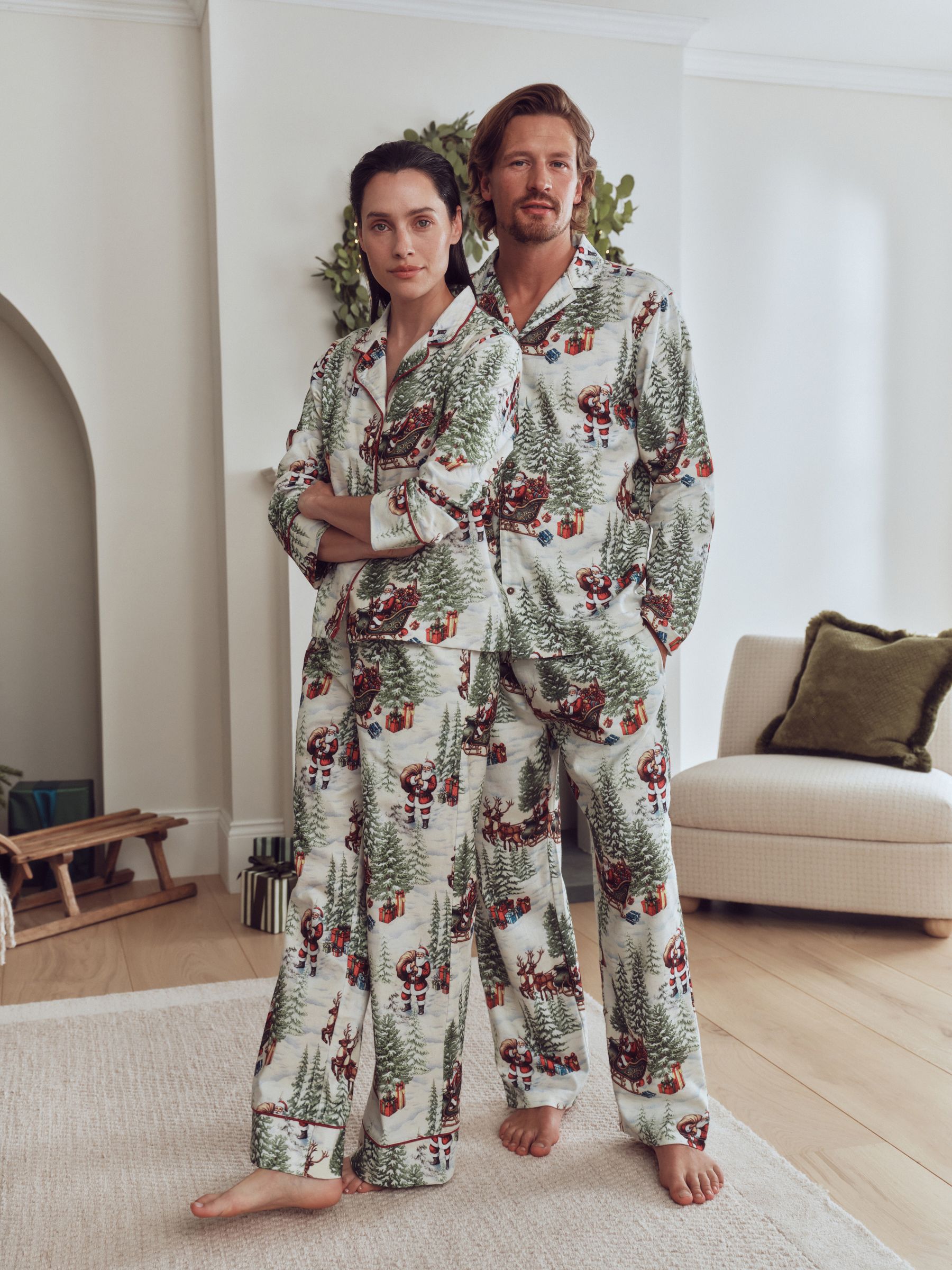Matching Family Christmas Flannel Button Through Pyjamas - Ecru Santa - Regular - Location Worn