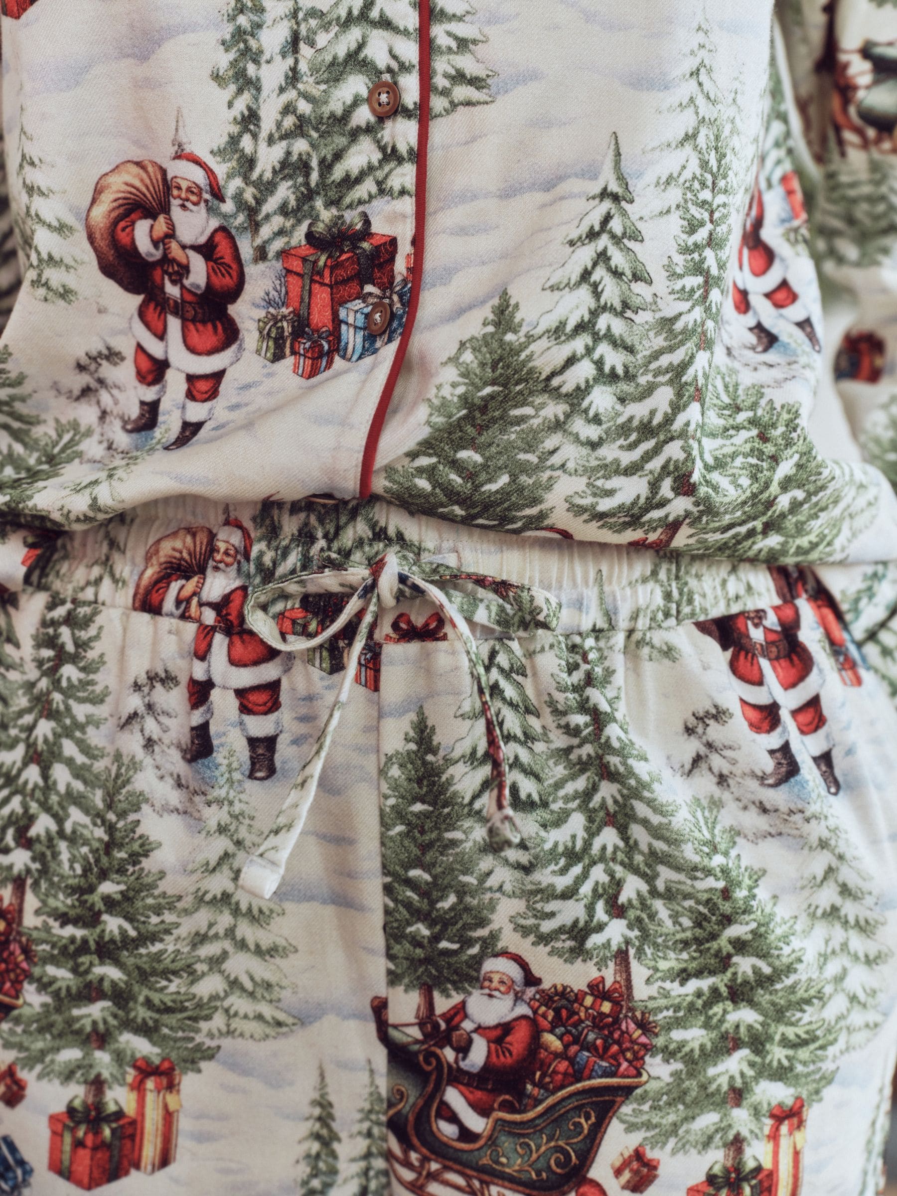 Matching Family Christmas Flannel Button Through Pyjamas - Ecru Santa - Regular - Location Worn