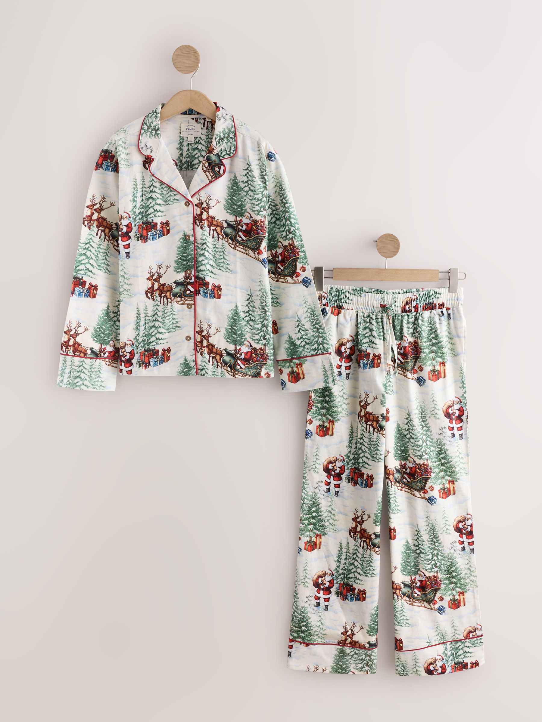 Matching Family Christmas Flannel Button Through Pyjamas - Ecru Santa - Regular - SIP Still Life