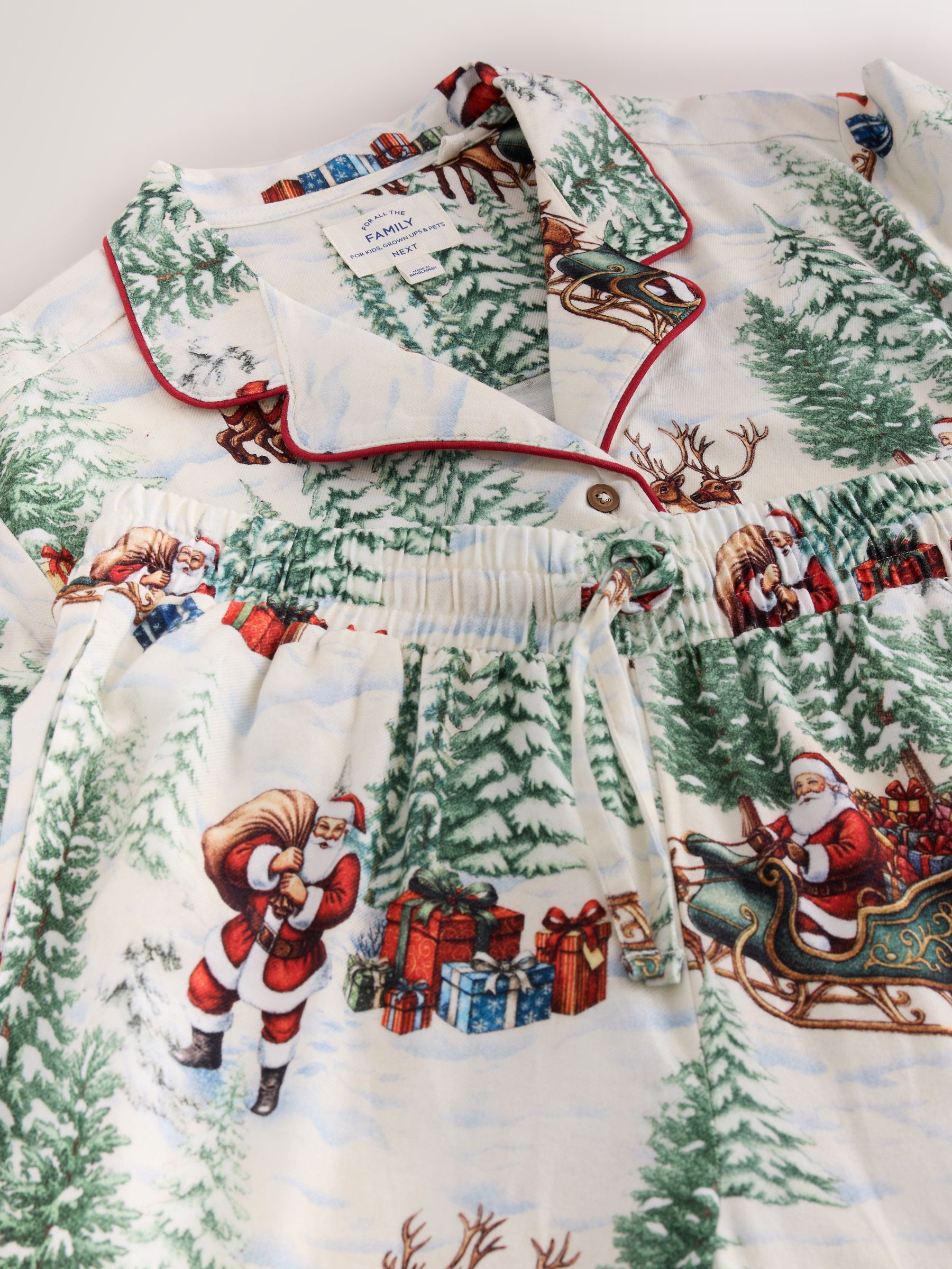 Matching Family Christmas Flannel Button Through Pyjamas - Ecru Santa - Regular - SIP Still Life