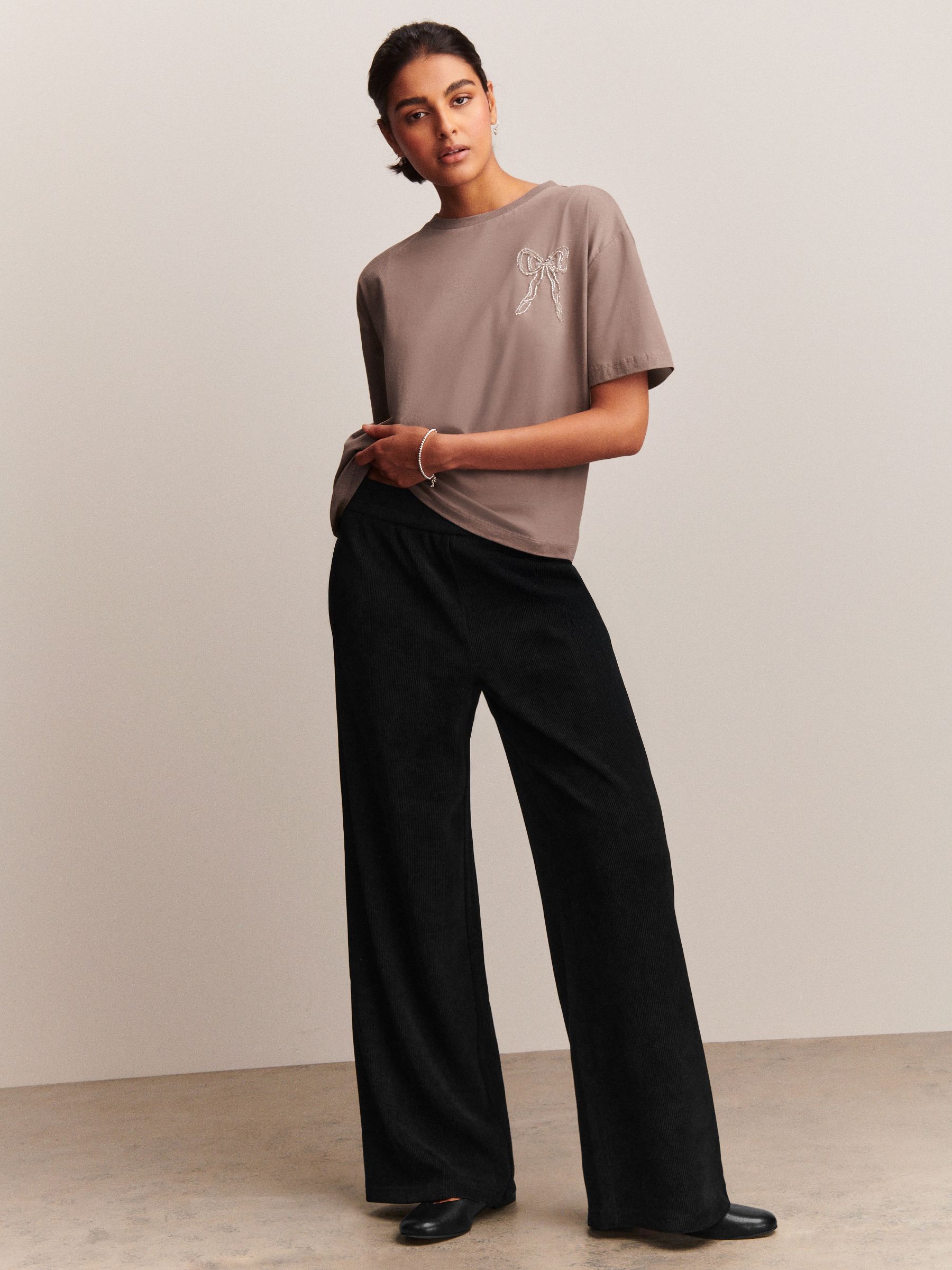 Wide Leg Soft Cord Trousers - Fine Black - Regular - Location Worn