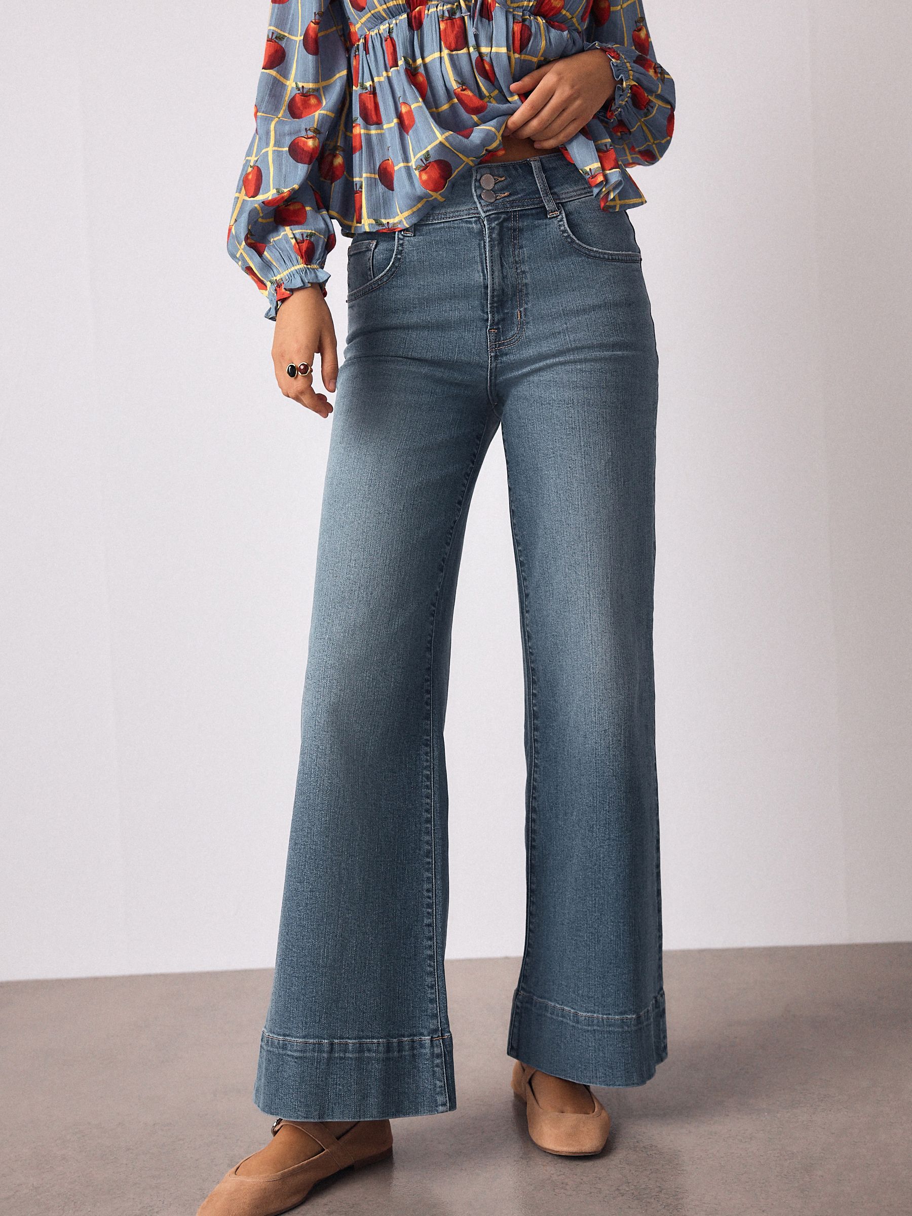 High Rise Stretch Wide Leg Jeans - Mid Blue - Petite - Location Worn