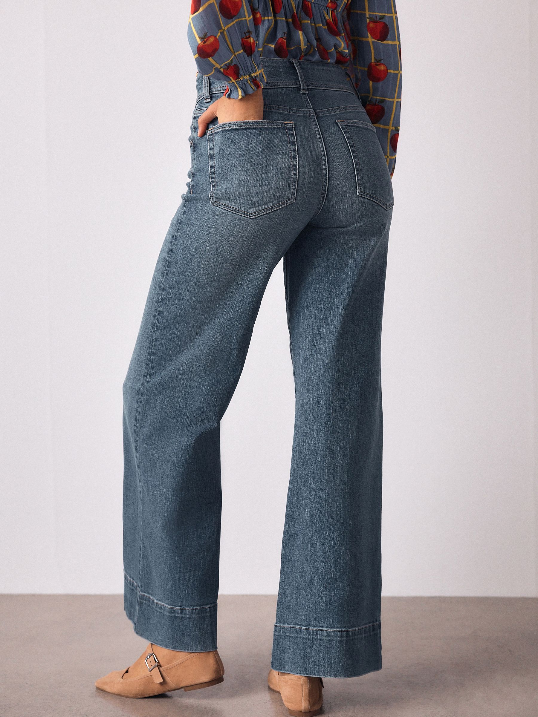 High Rise Stretch Wide Leg Jeans - Mid Blue - Petite - Location Worn