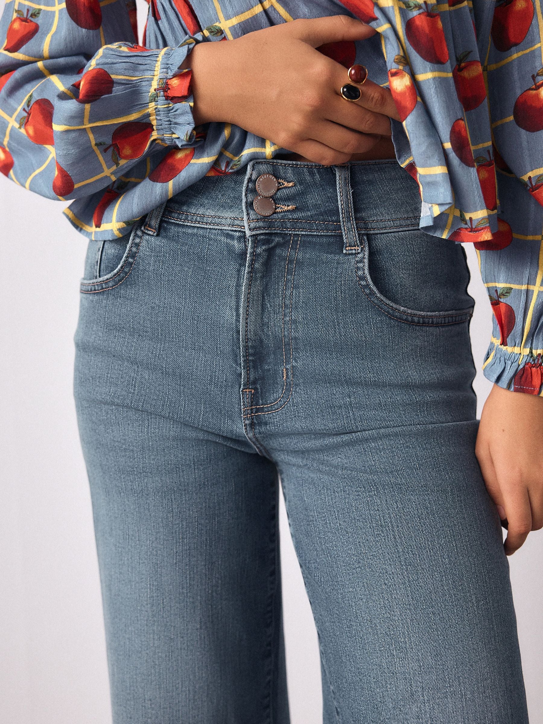 High Rise Stretch Wide Leg Jeans - Mid Blue - Petite - Location Worn