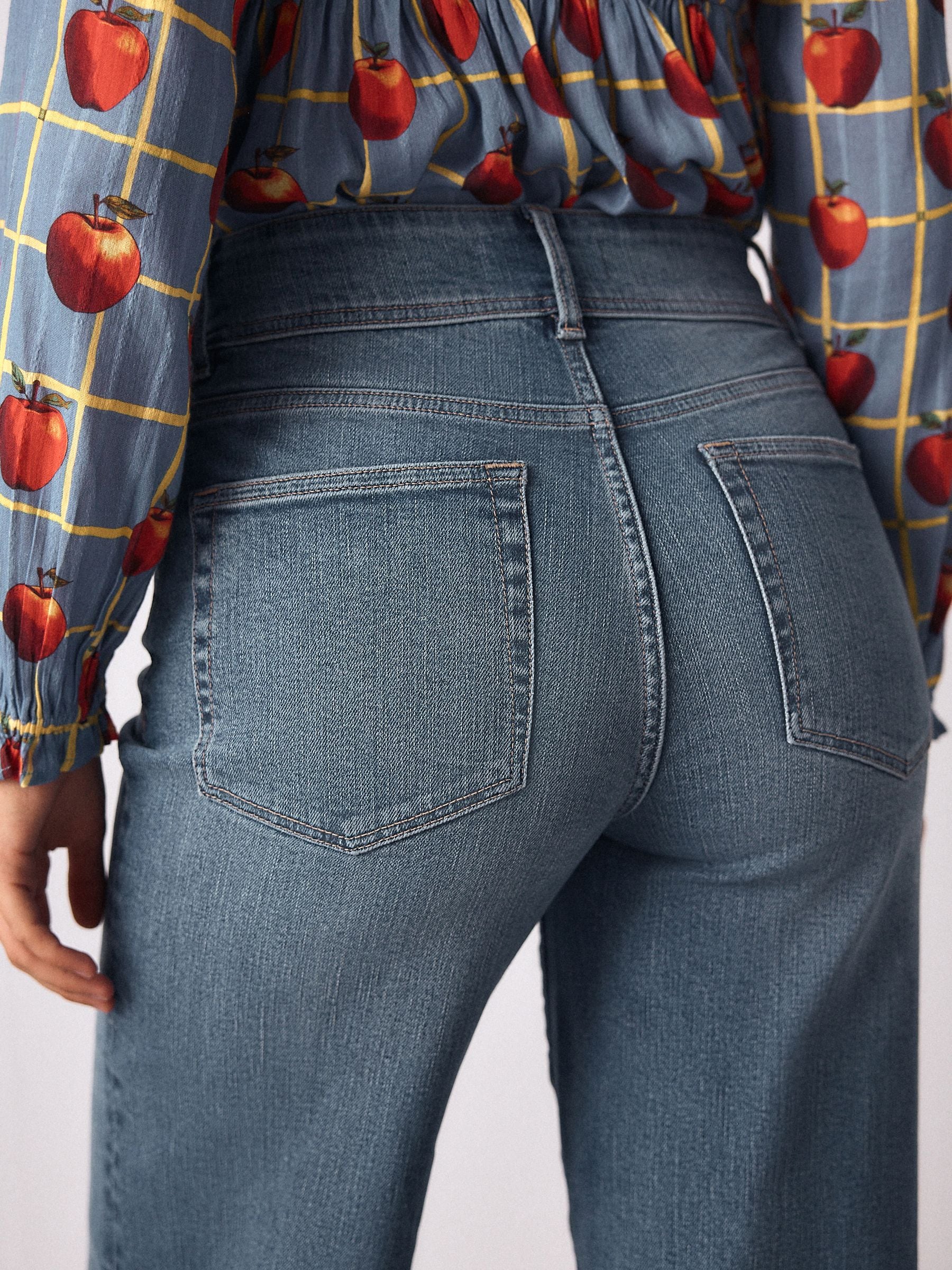 High Rise Stretch Wide Leg Jeans - Mid Blue - Petite - Location Worn