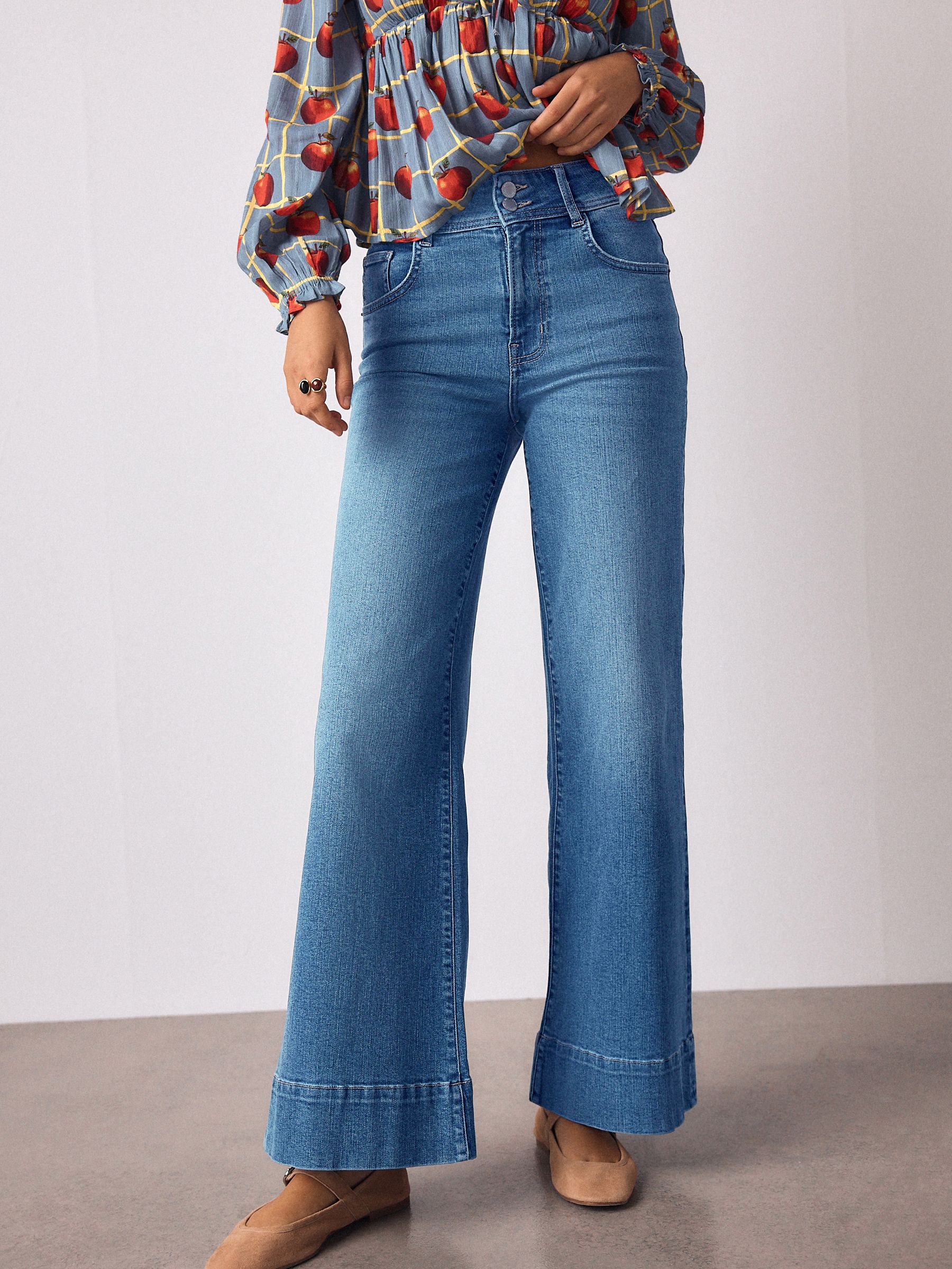 High Rise Stretch Wide Leg Jeans - Mid Blue - Regular - Location Worn