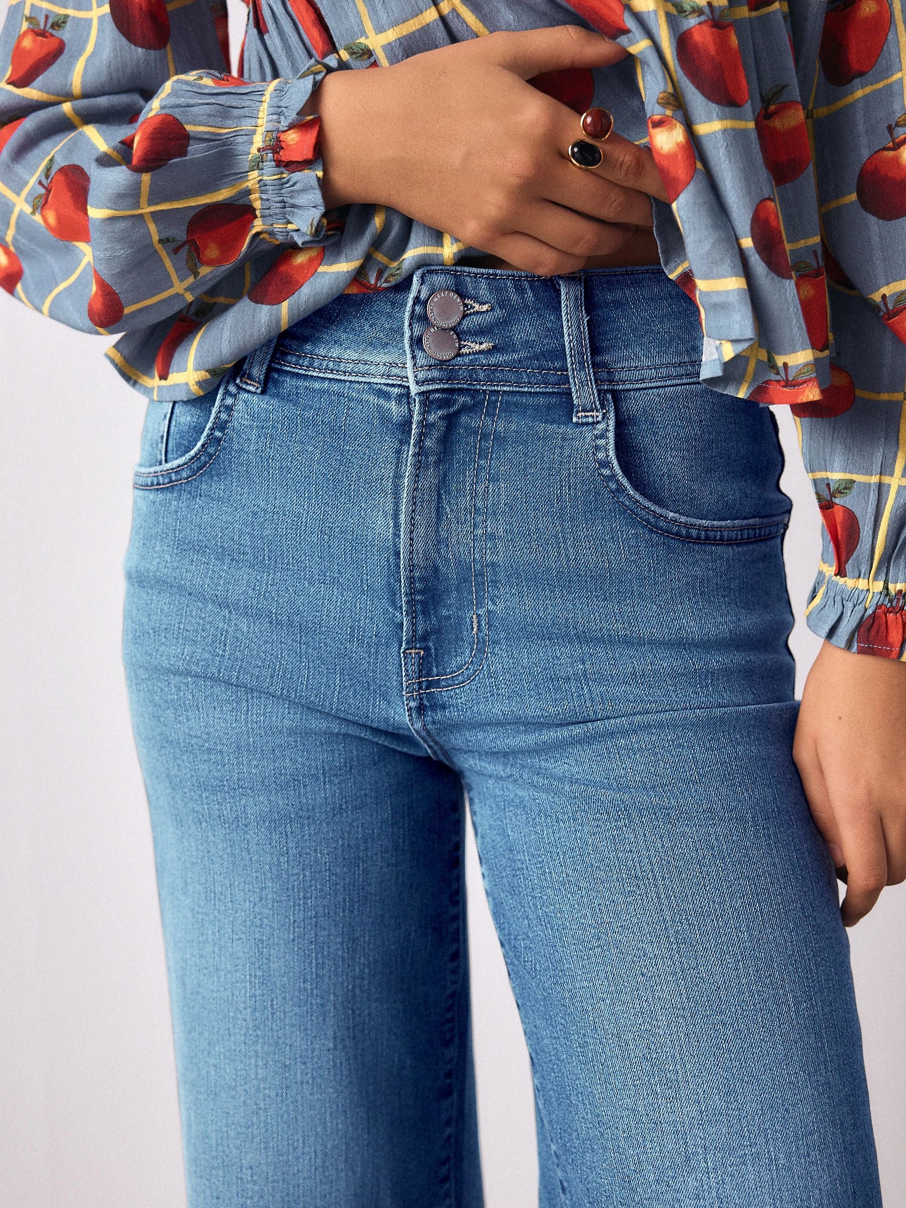 High Rise Stretch Wide Leg Jeans - Mid Blue - Regular - Location Worn