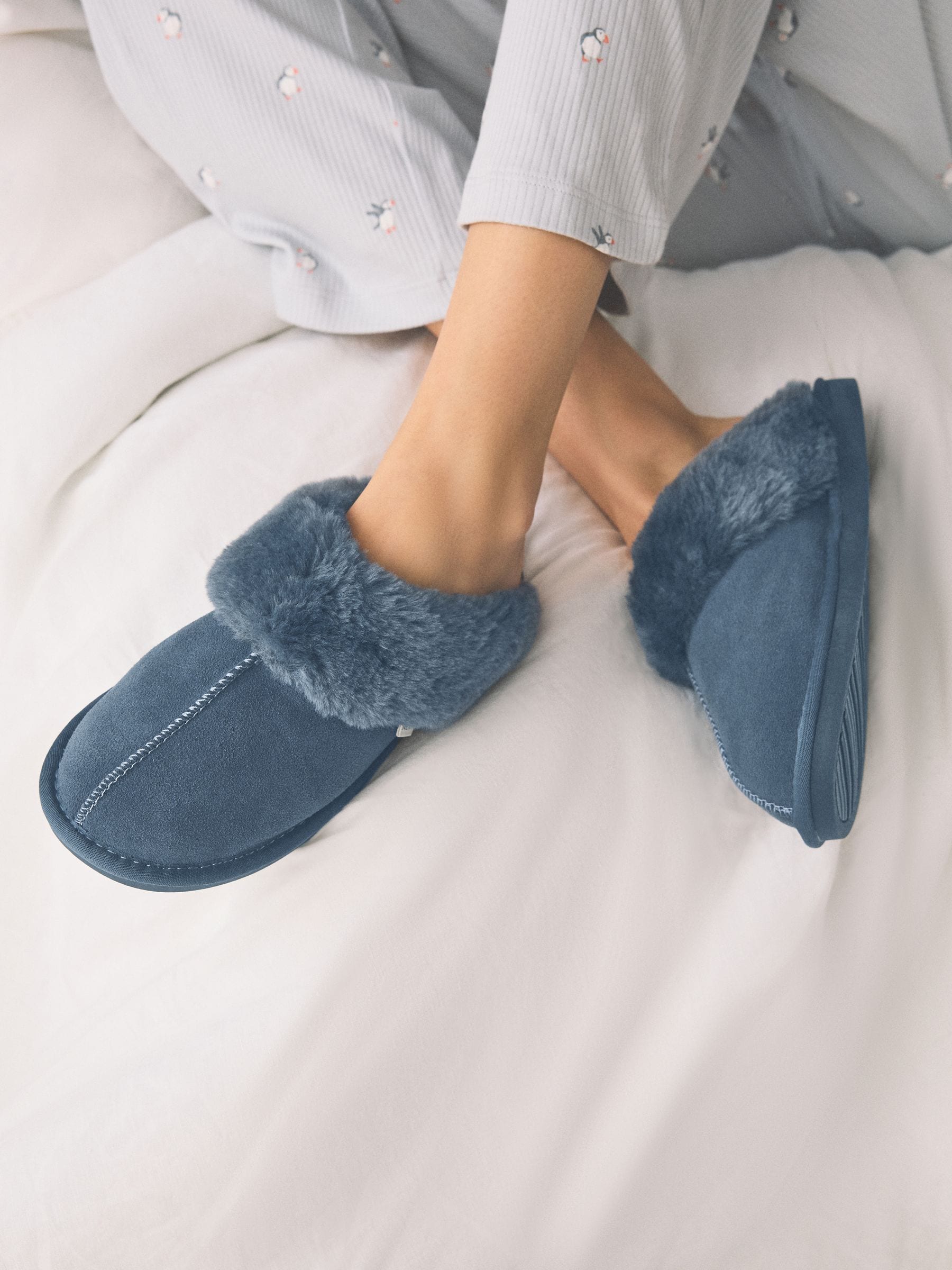 Faux Fur Lined Suede Mule Slippers - Denim Blue - Regular - SIP Worn