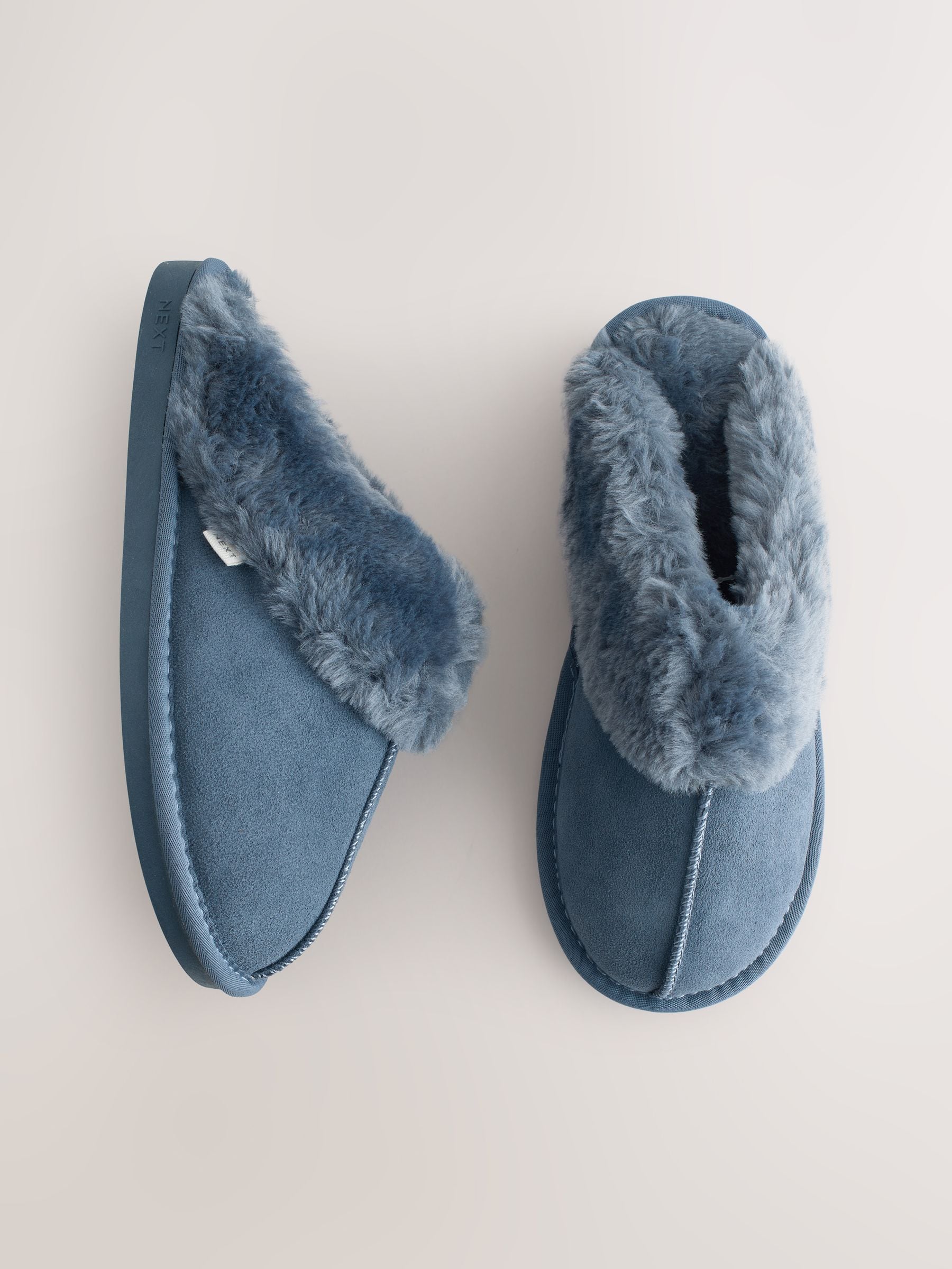 Faux Fur Lined Suede Mule Slippers - Denim Blue - Regular - SIP Still Life