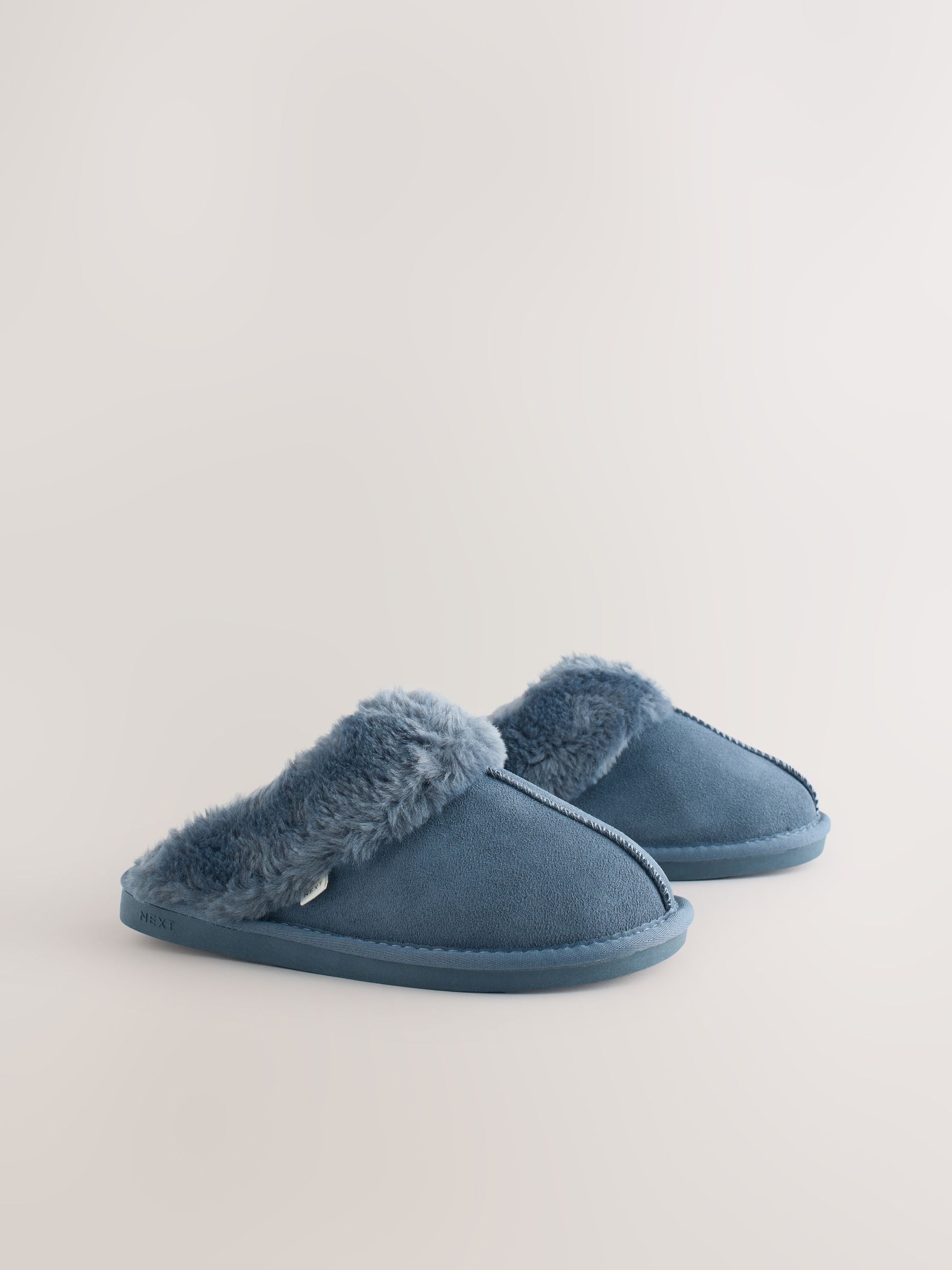 Faux Fur Lined Suede Mule Slippers - Denim Blue - Regular - SIP Still Life