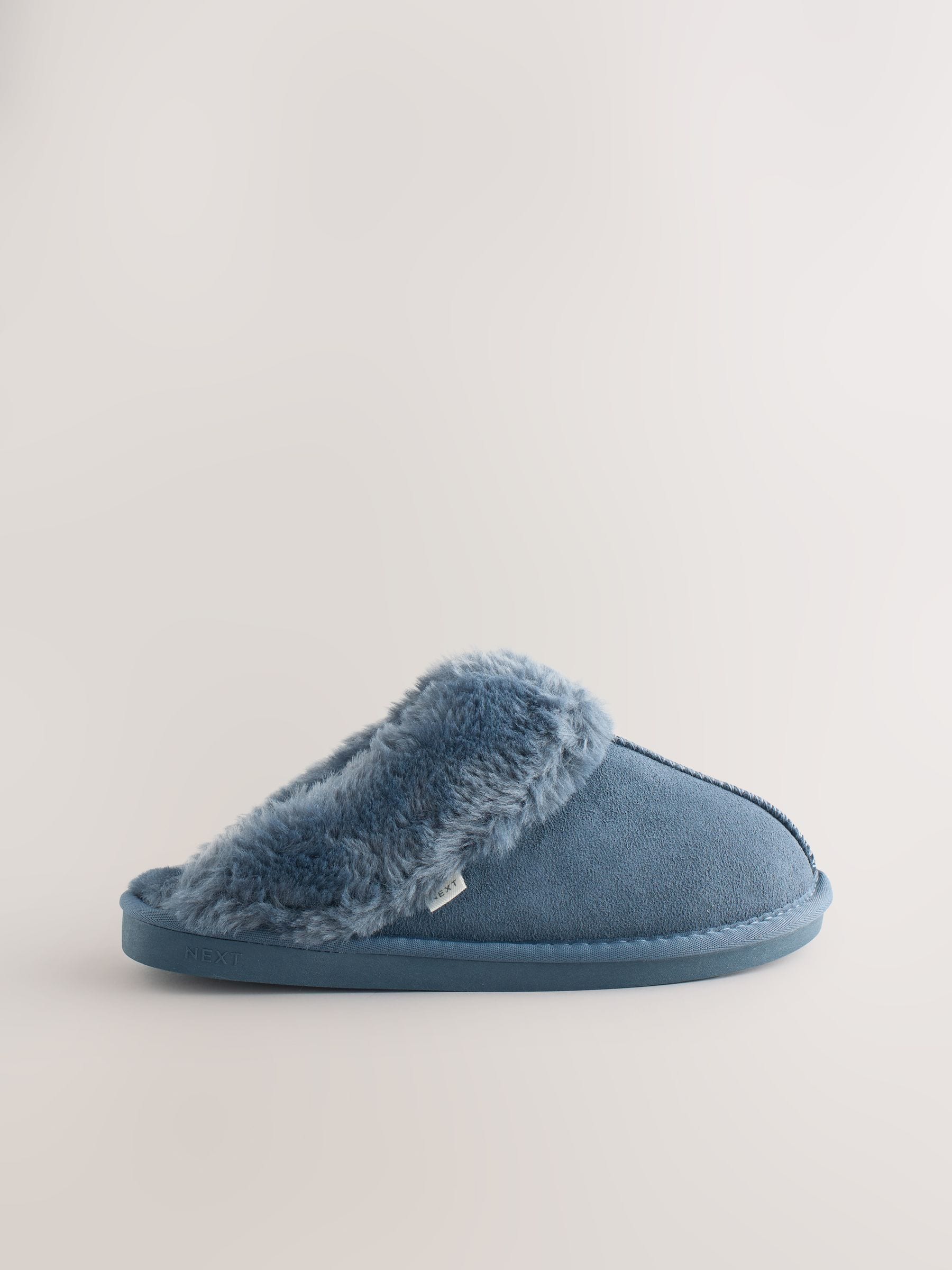 Faux Fur Lined Suede Mule Slippers - Denim Blue - Regular - SIP Still Life