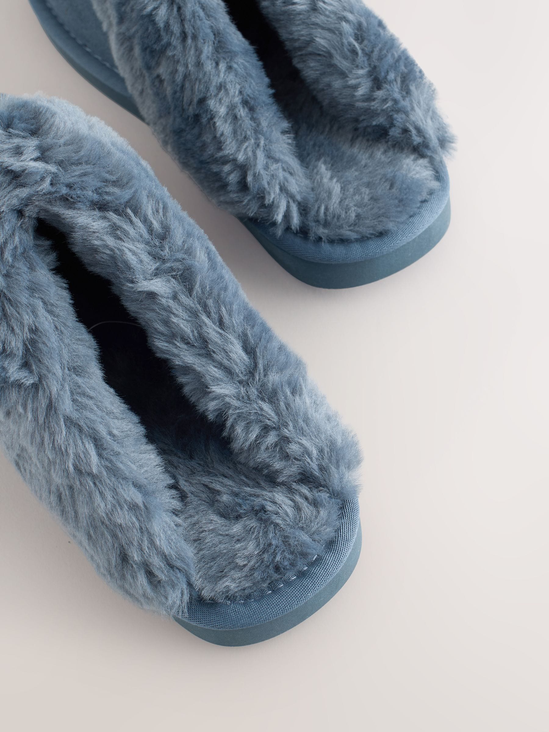 Faux Fur Lined Suede Mule Slippers - Denim Blue - Regular - SIP Still Life