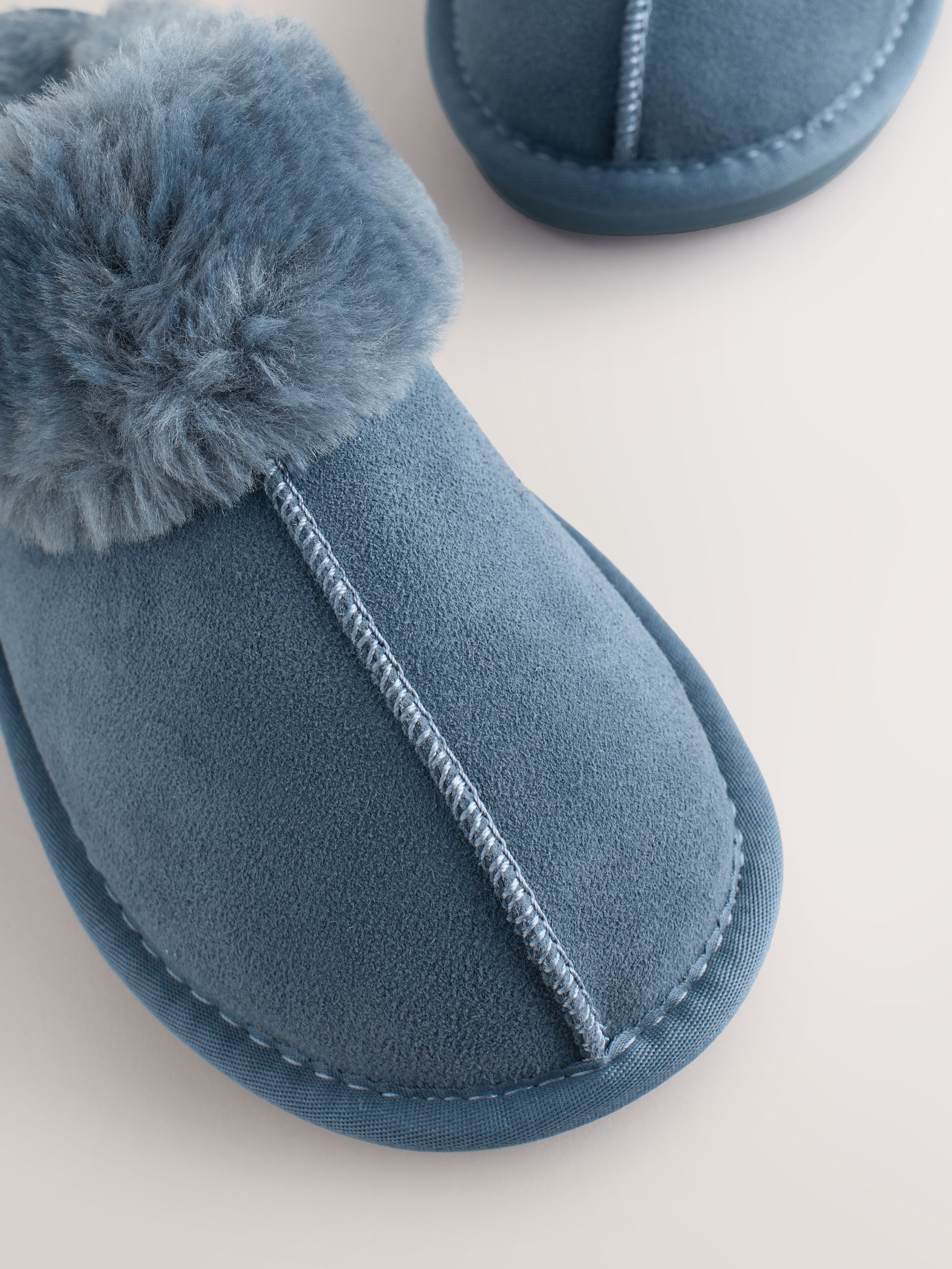 Faux Fur Lined Suede Mule Slippers - Denim Blue - Regular - SIP Still Life