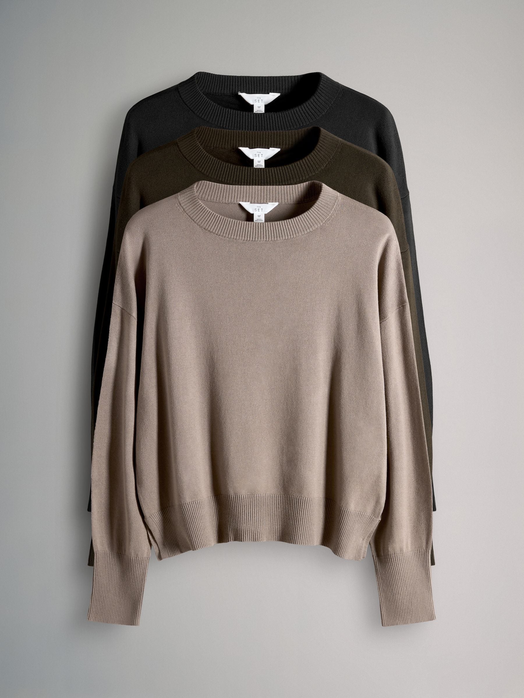 The Set Fine Knitted Crew Neck Jumpers - Black/Brown/Neutral - 3 Pack - SIP Still Life