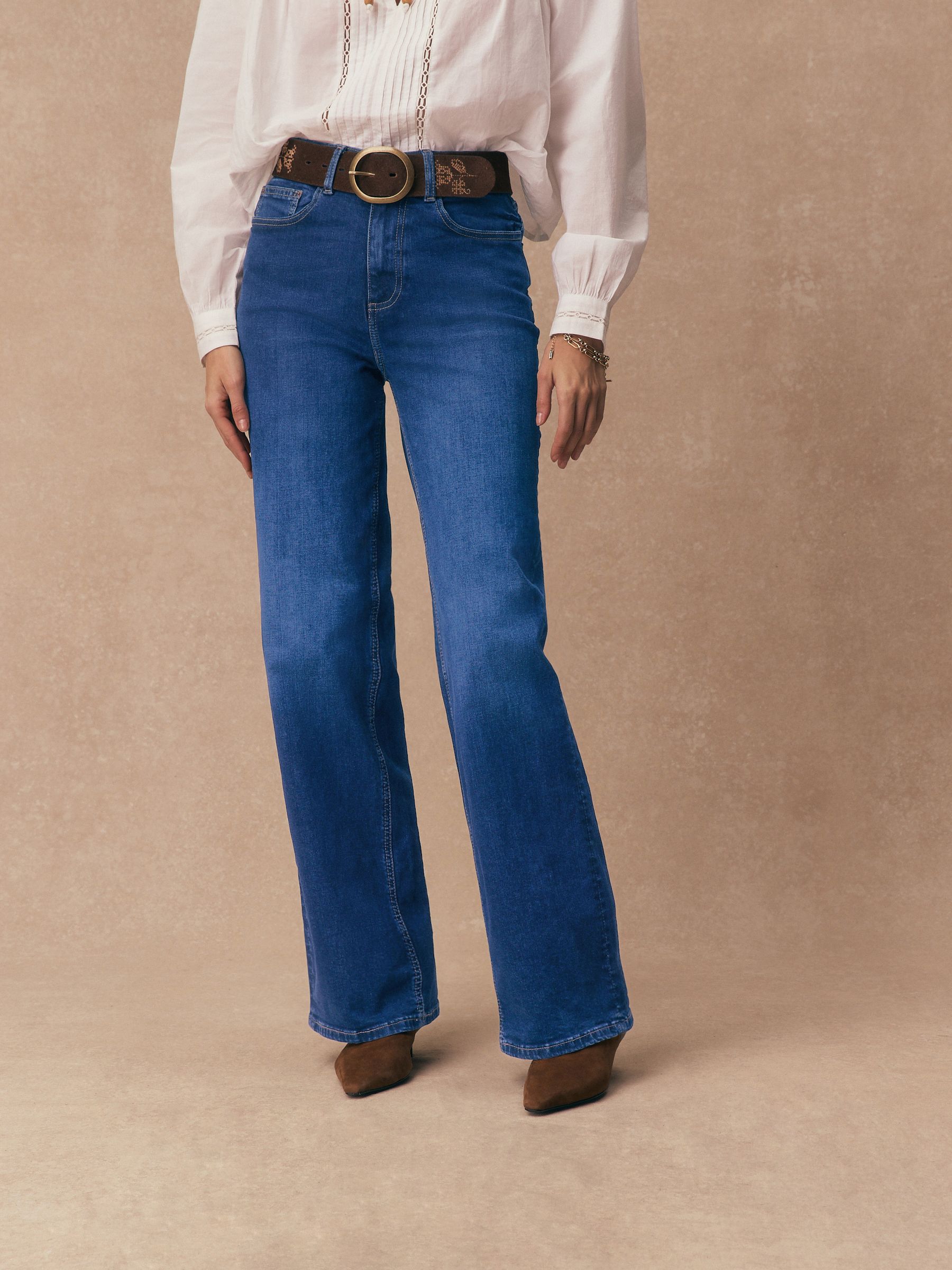 High Rise Stretch Wide Leg Jeans - Mid Blue - Regular - Location Worn