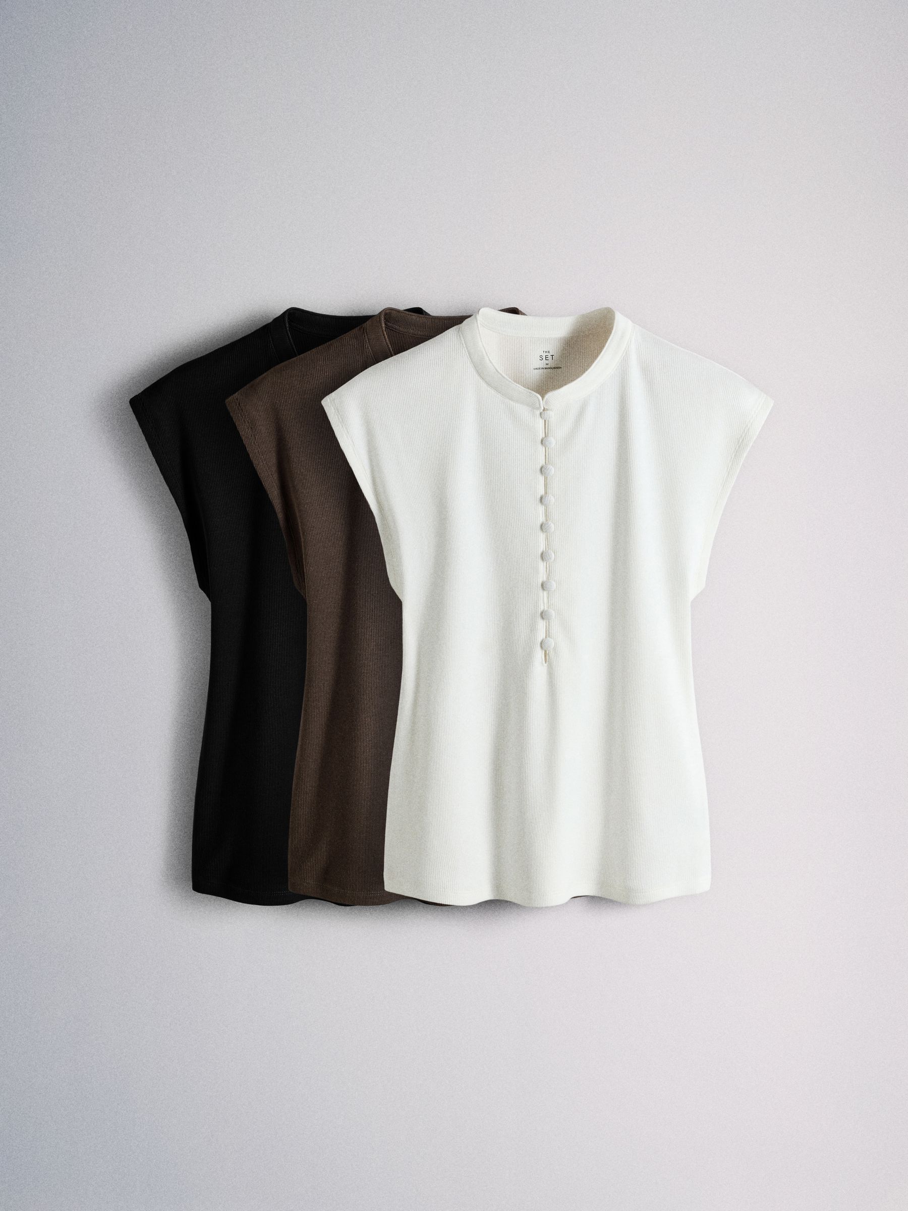 The Set 3 Pack Mandarin Collar Shirts - Black/Cream/Brown - Regular - SIP Still Life
