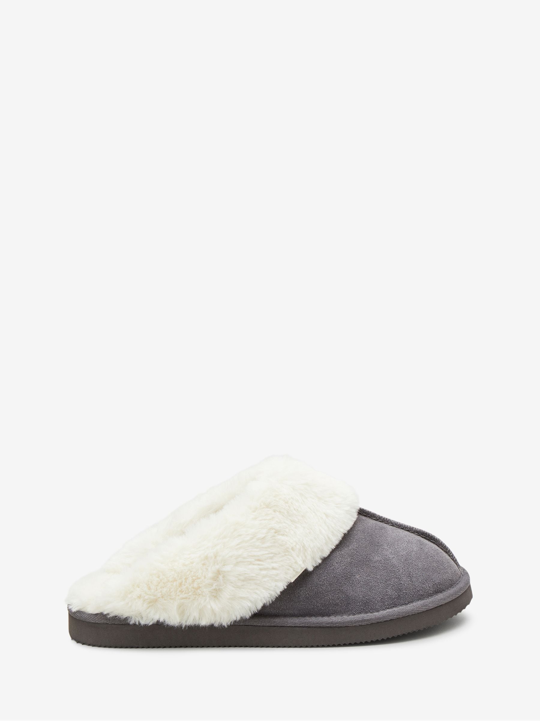 Faux Fur Lined Suede Mule Slippers - Grey - Regular - SIP Still Life