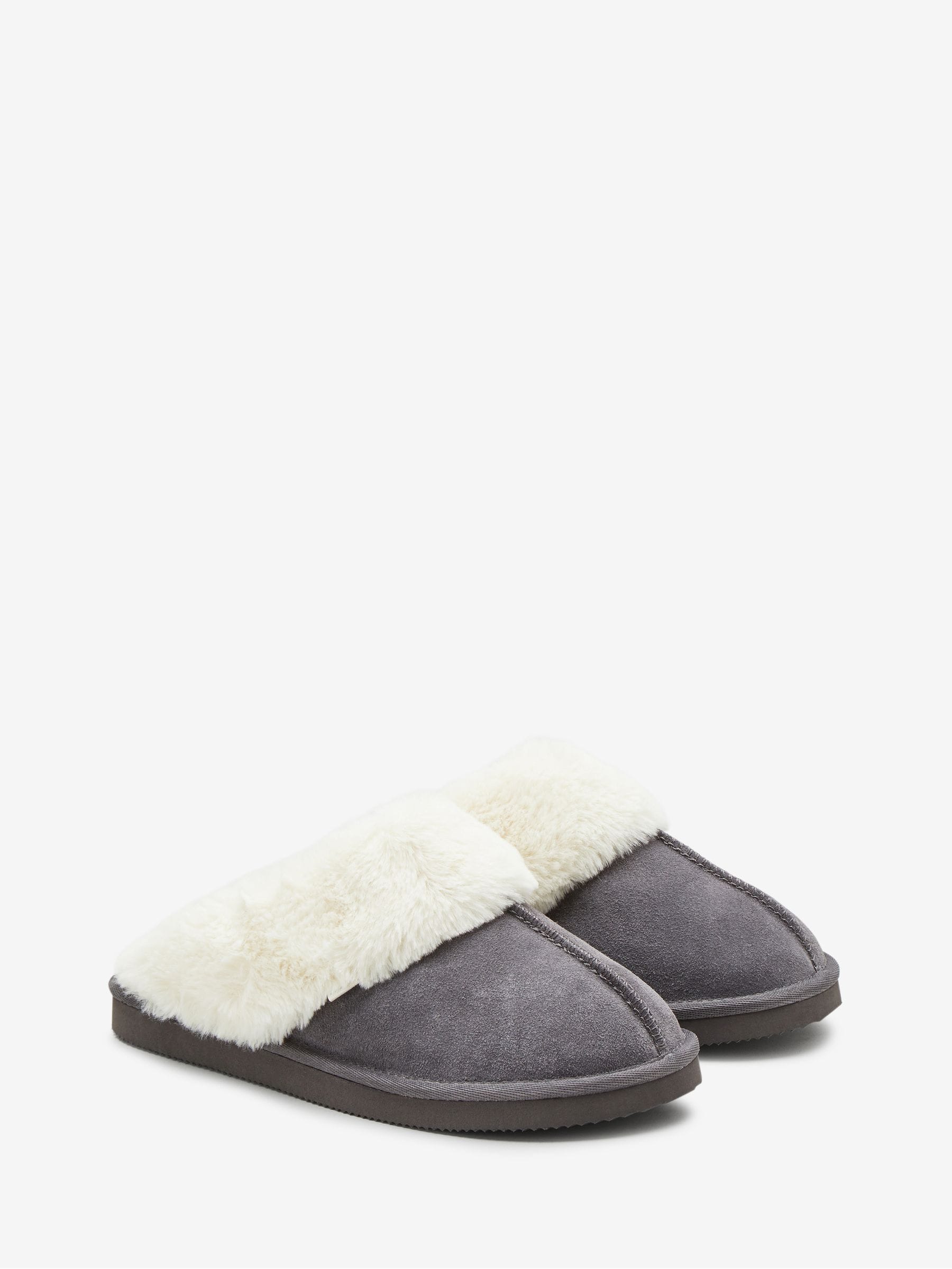 Faux Fur Lined Suede Mule Slippers - Grey - Regular - SIP Still Life