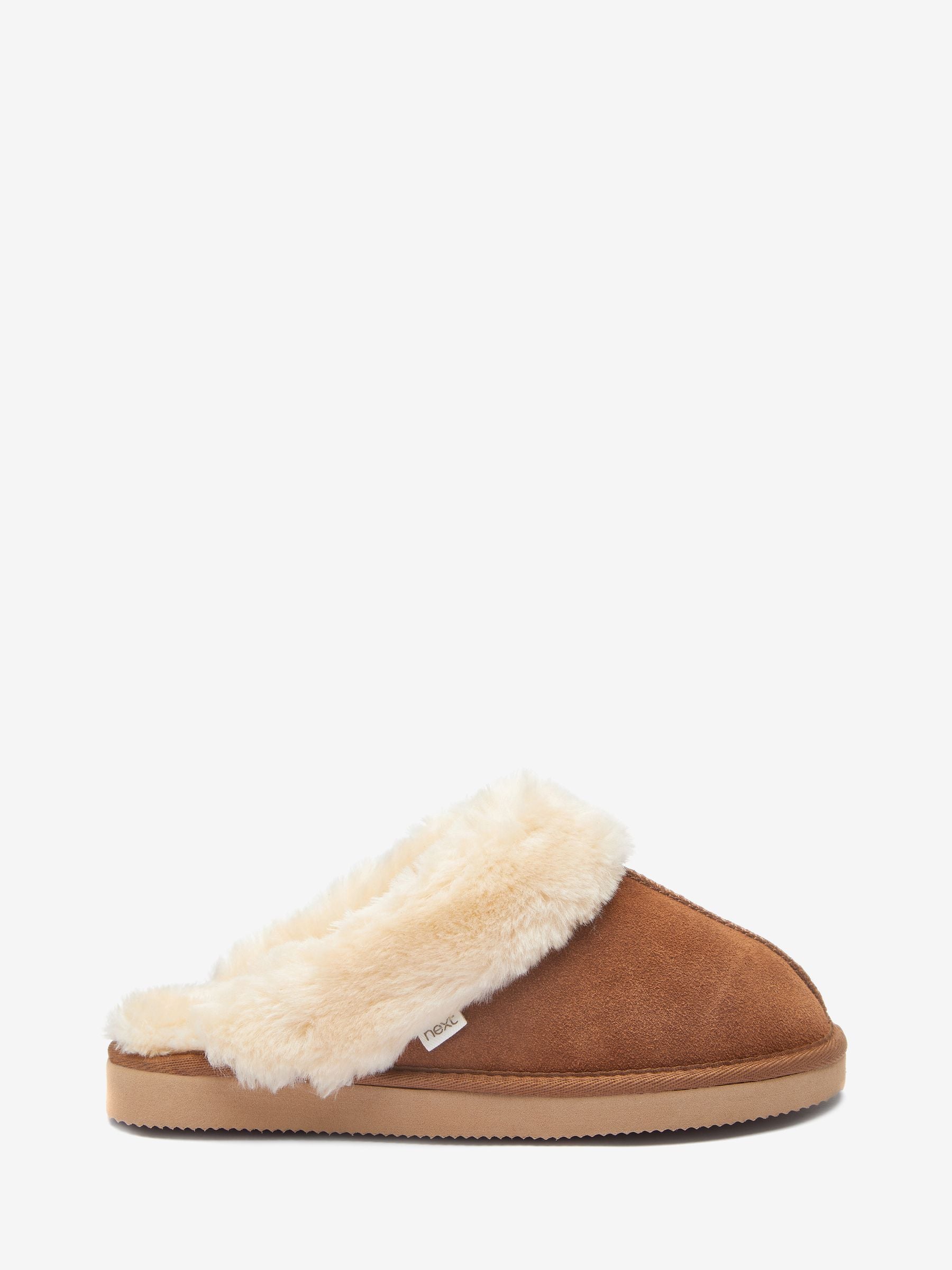Faux Fur Lined Suede Mule Slippers - Chestnut Brown - Regular - SIP Still Life