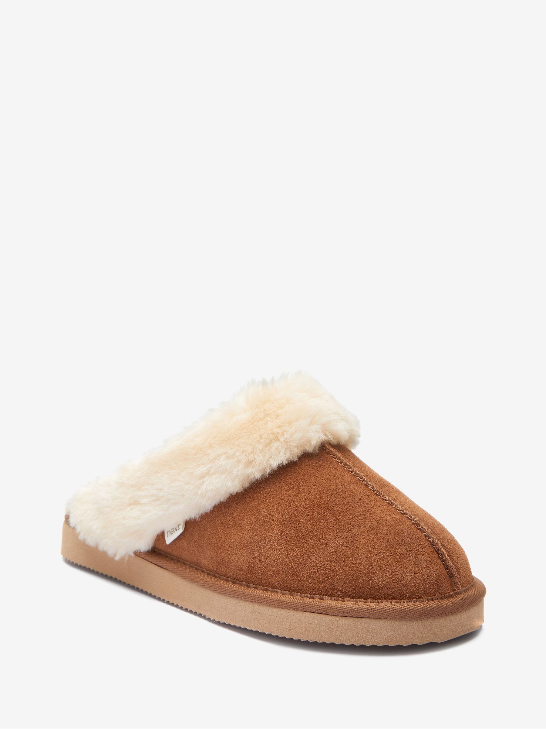 Faux Fur Lined Suede Mule Slippers - Chestnut Brown - Regular - SIP Still Life