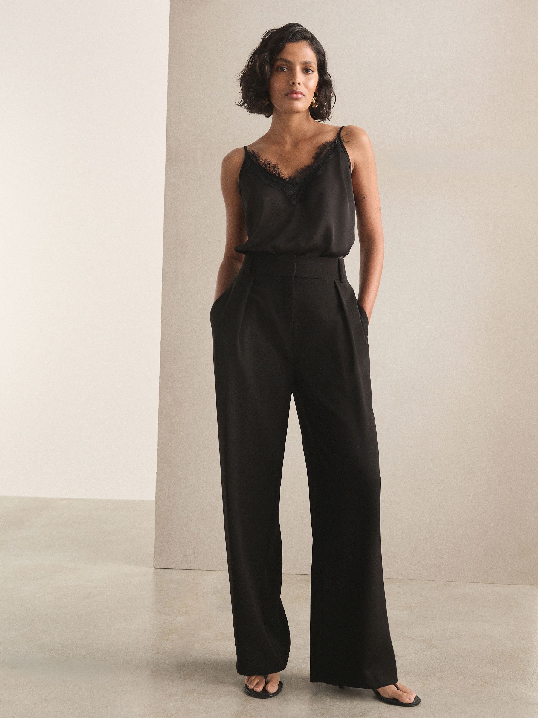 Elastic Back Wide Leg Trousers - Black - Regular - Location Worn