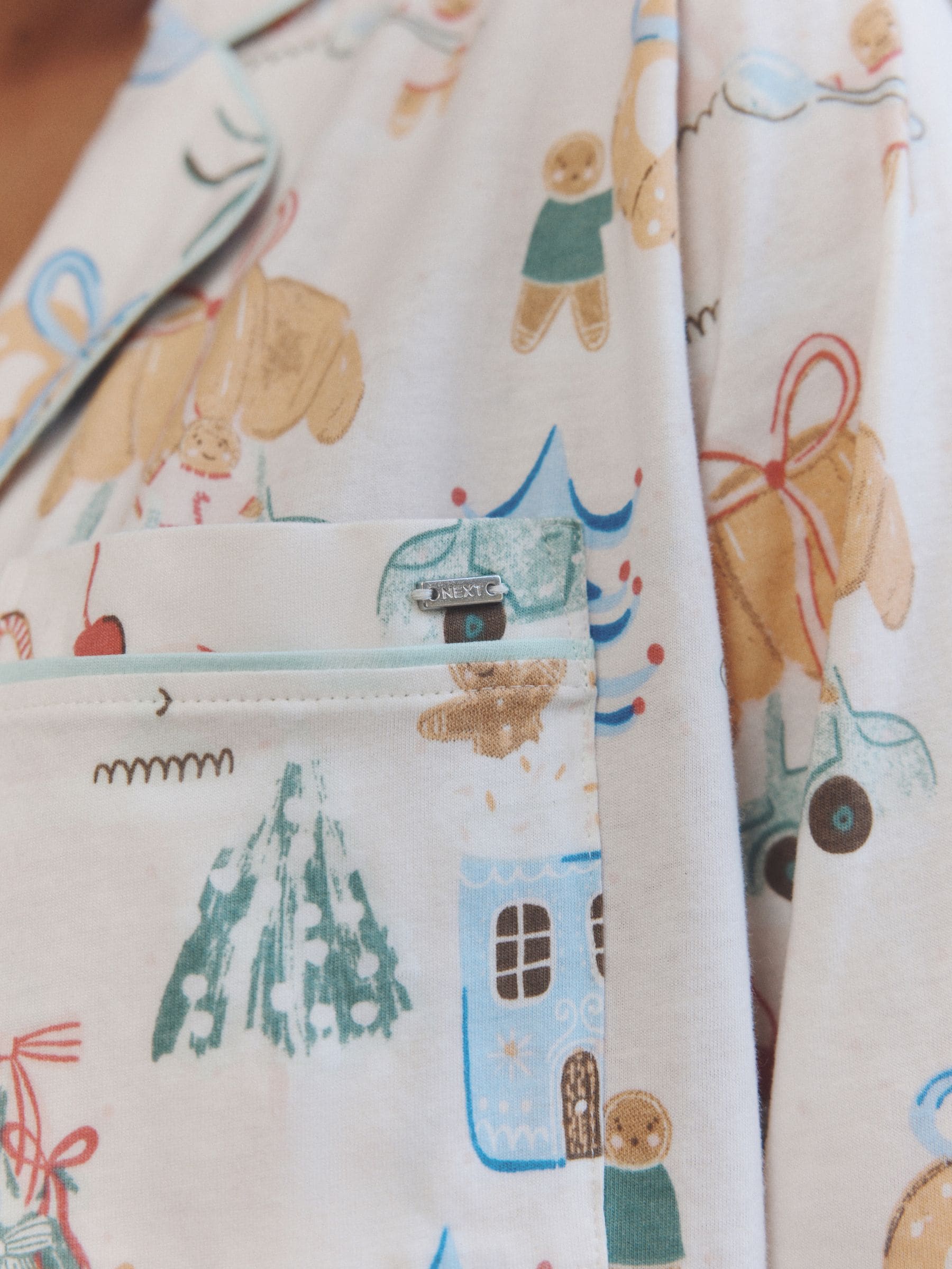 Long Sleeve Button Through Pyjama Set - Ecru Croissant Christmas - Regular - Location Worn