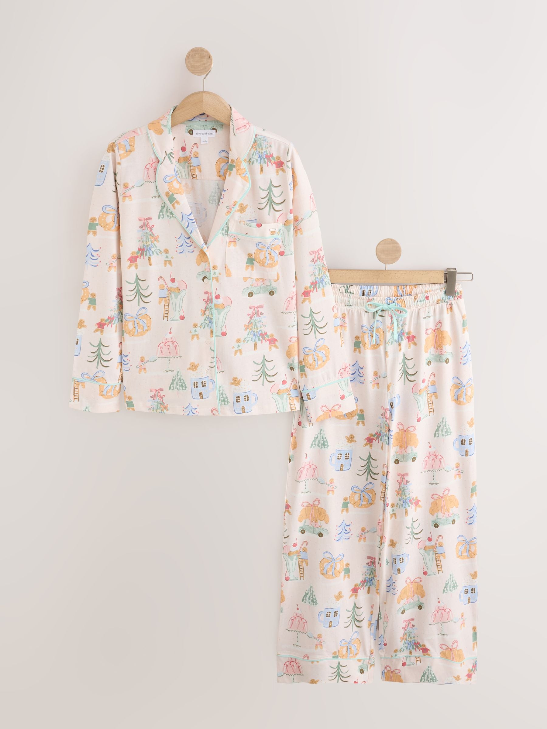 Long Sleeve Button Through Pyjama Set - Ecru Croissant Christmas - Regular - SIP Still Life