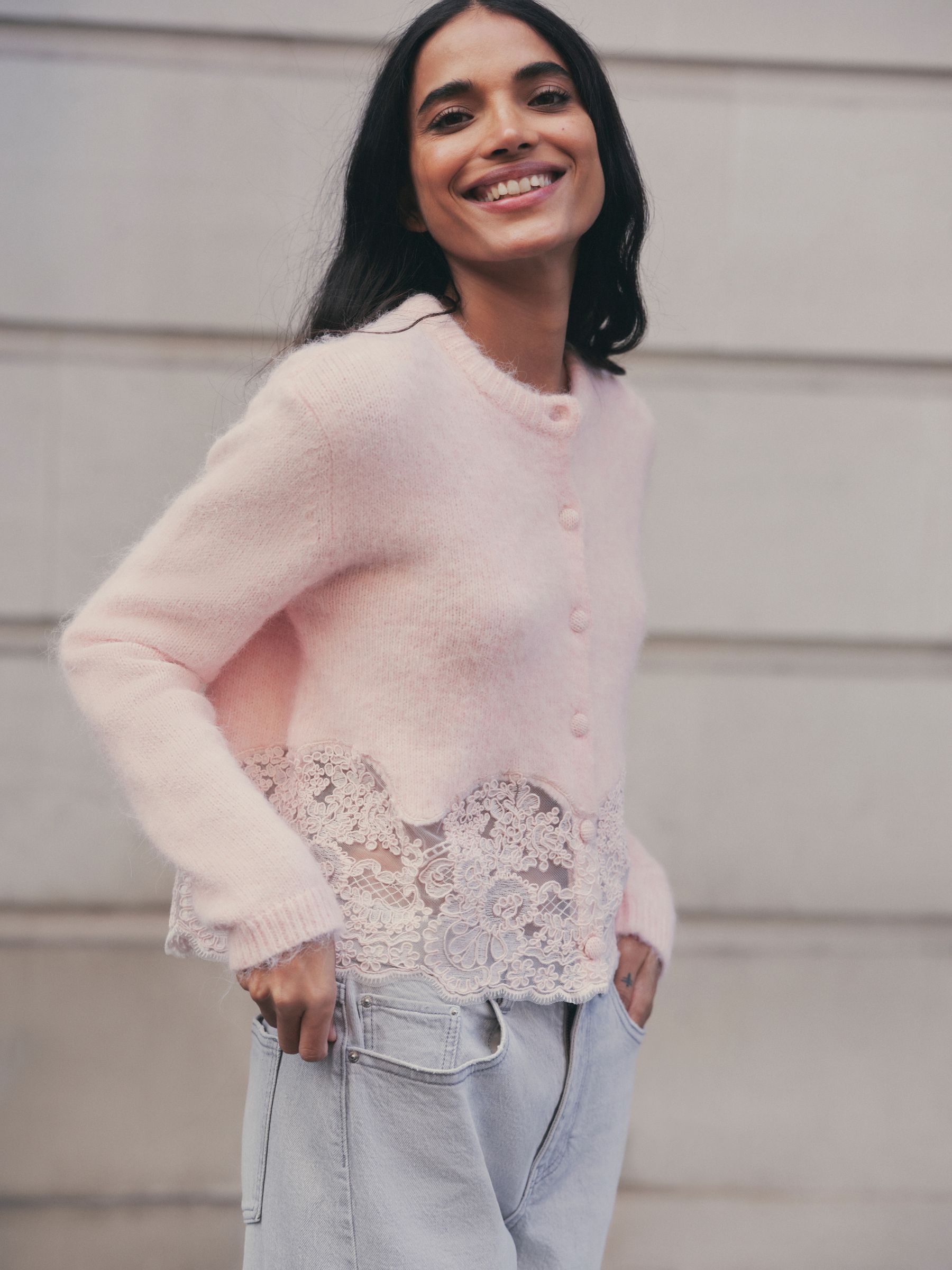 Lace Trim Long Sleeve Knit Cardigan - Light Pink - Regular - Location Worn