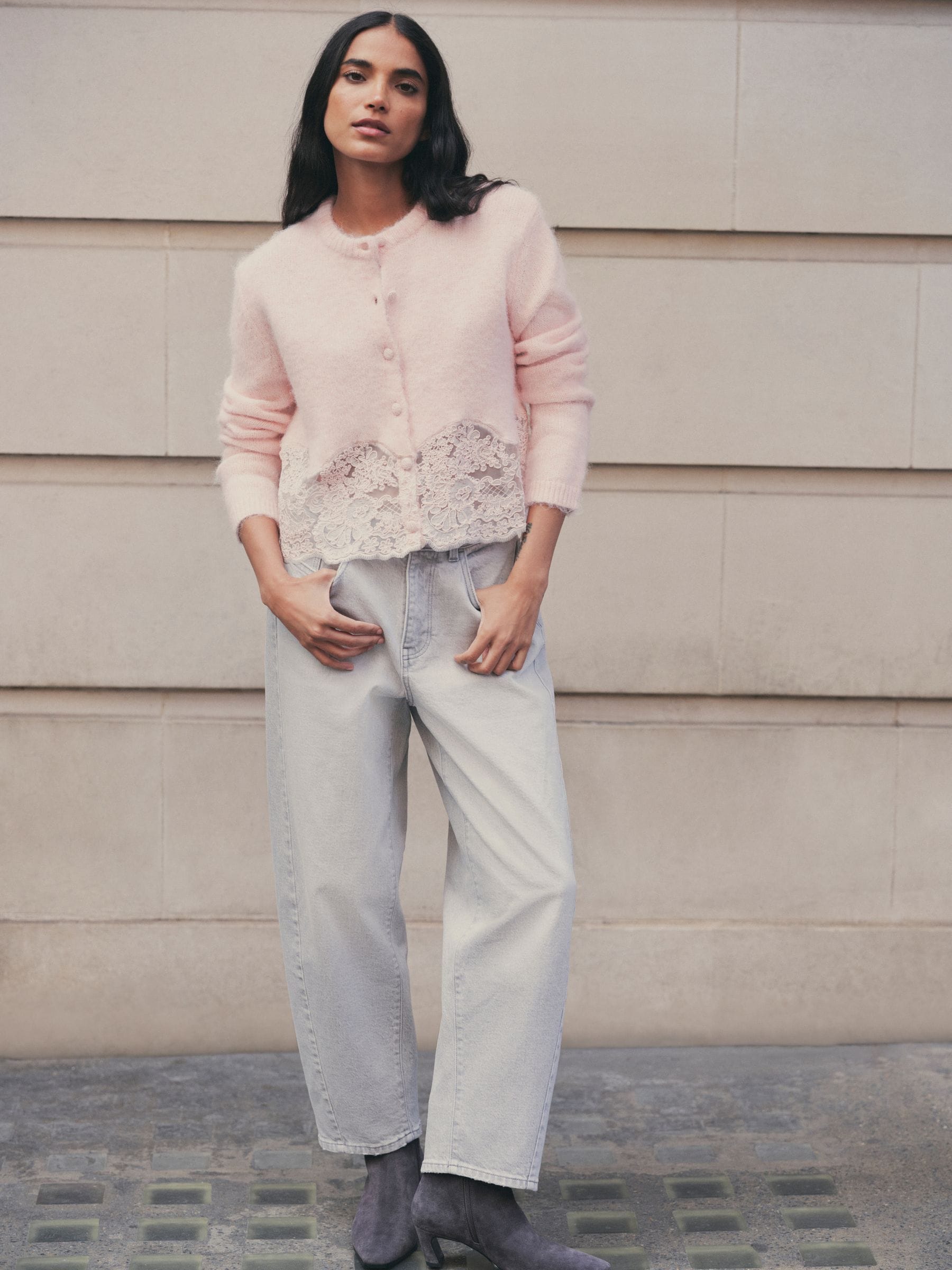 Lace Trim Long Sleeve Knit Cardigan - Light Pink - Regular - Location Worn