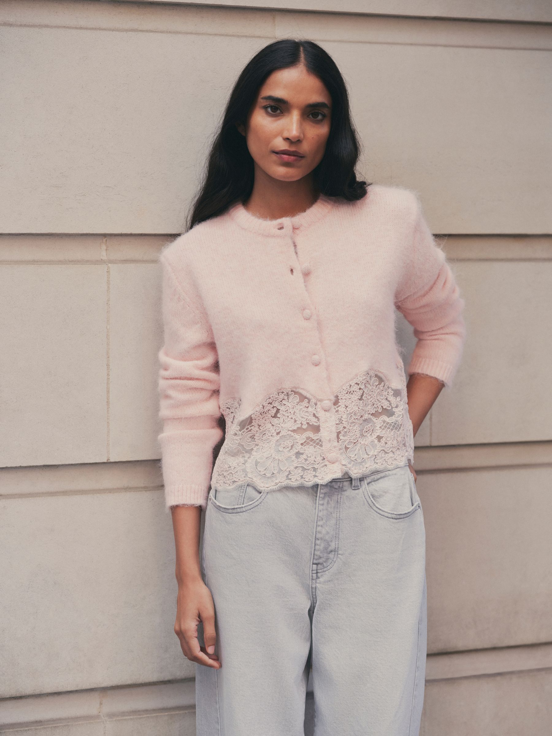Lace Trim Long Sleeve Knit Cardigan - Light Pink - Regular - Location Worn