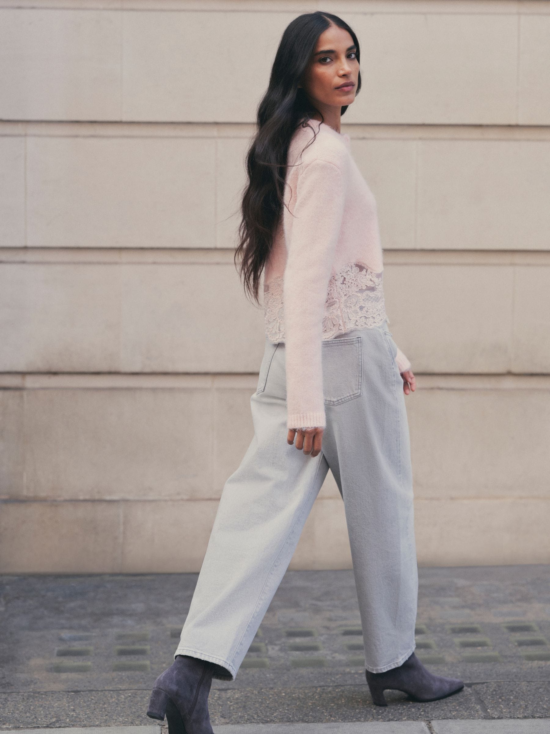Lace Trim Long Sleeve Knit Cardigan - Light Pink - Regular - SIP Still Life