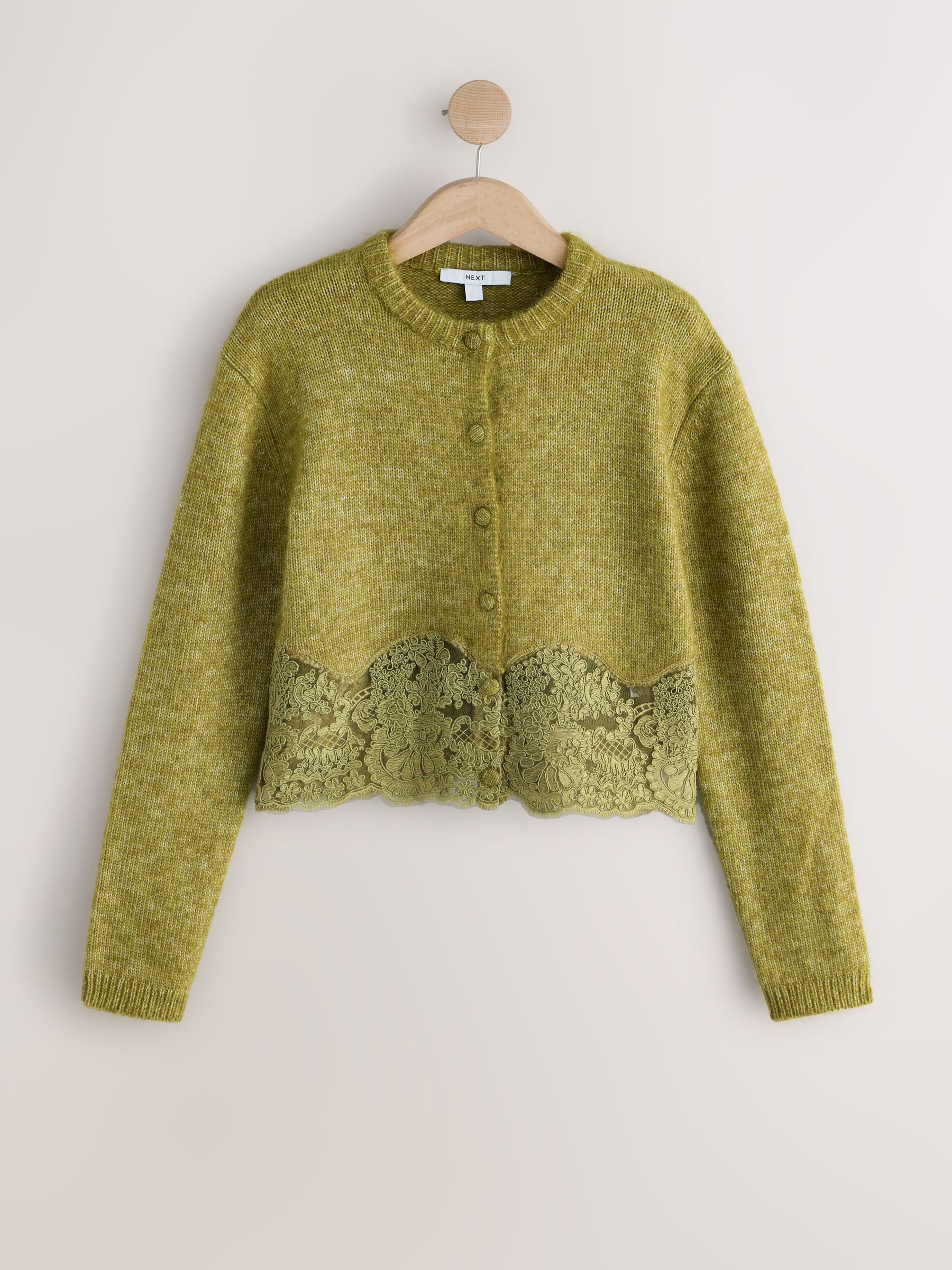 Lace Trim Long Sleeve Knit Cardigan - Olive Green - Regular - SIP Still Life