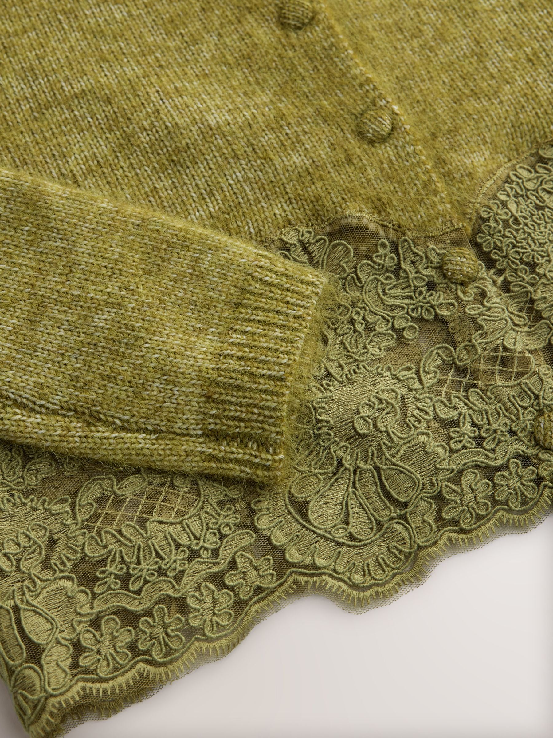 Lace Trim Long Sleeve Knit Cardigan - Olive Green - Regular - SIP Still Life