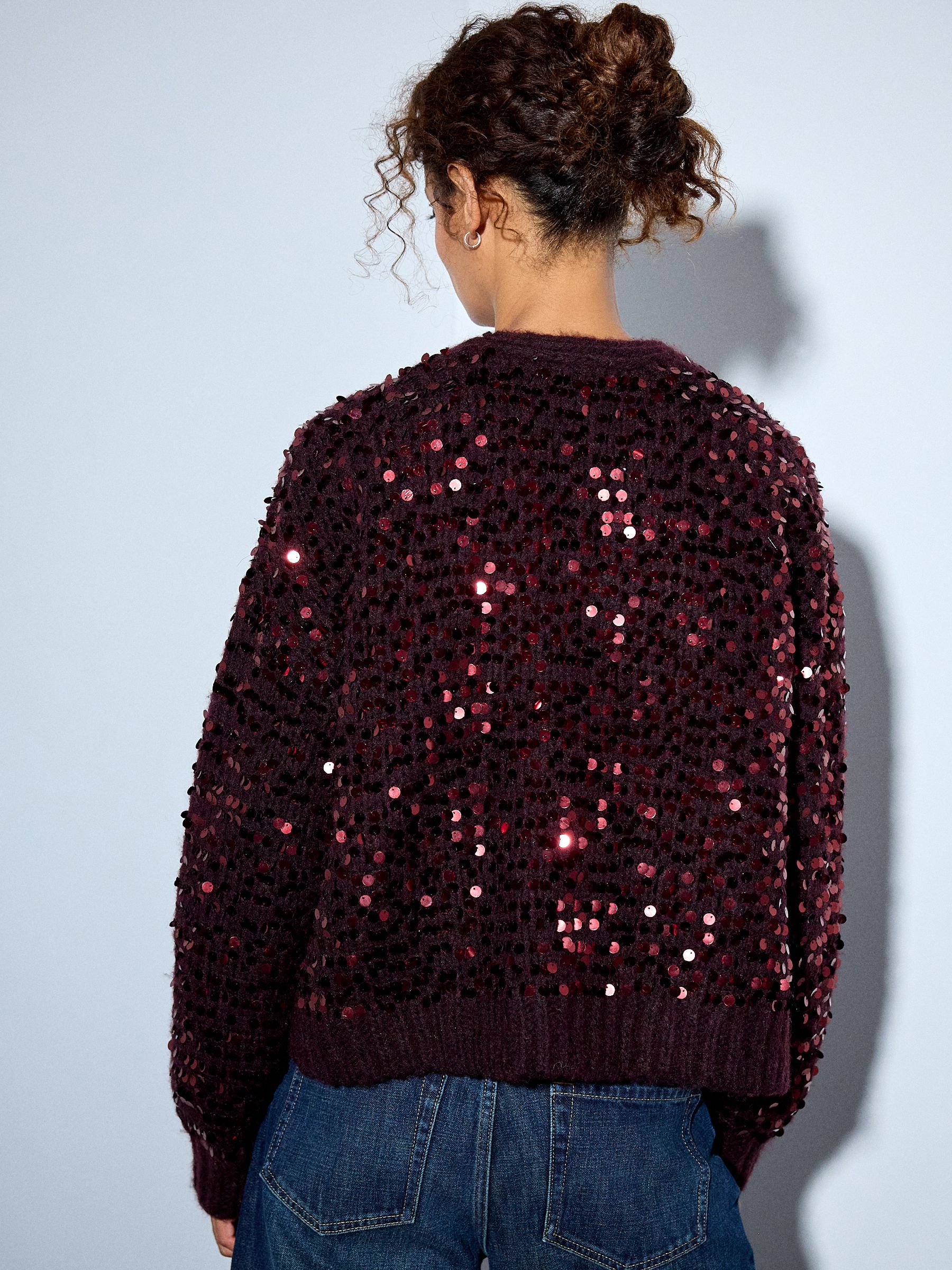 Soft Touch Chunky Knit Open Cardigan - Burgundy Red Sequin - Regular - Location Worn