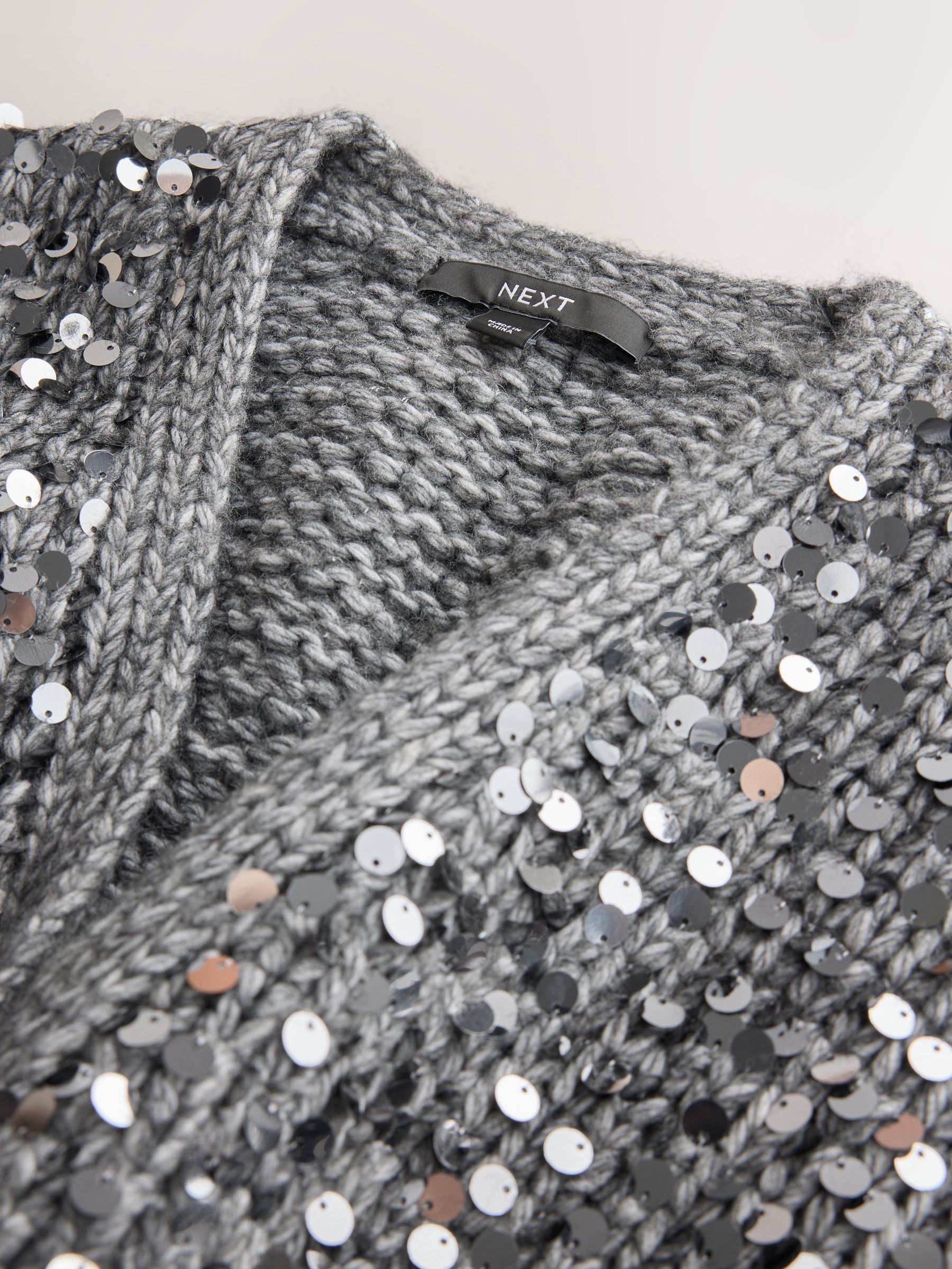 Soft Touch Chunky Knit Open Cardigan - Charcoal Grey Sequin - Regular - SIP Still Life