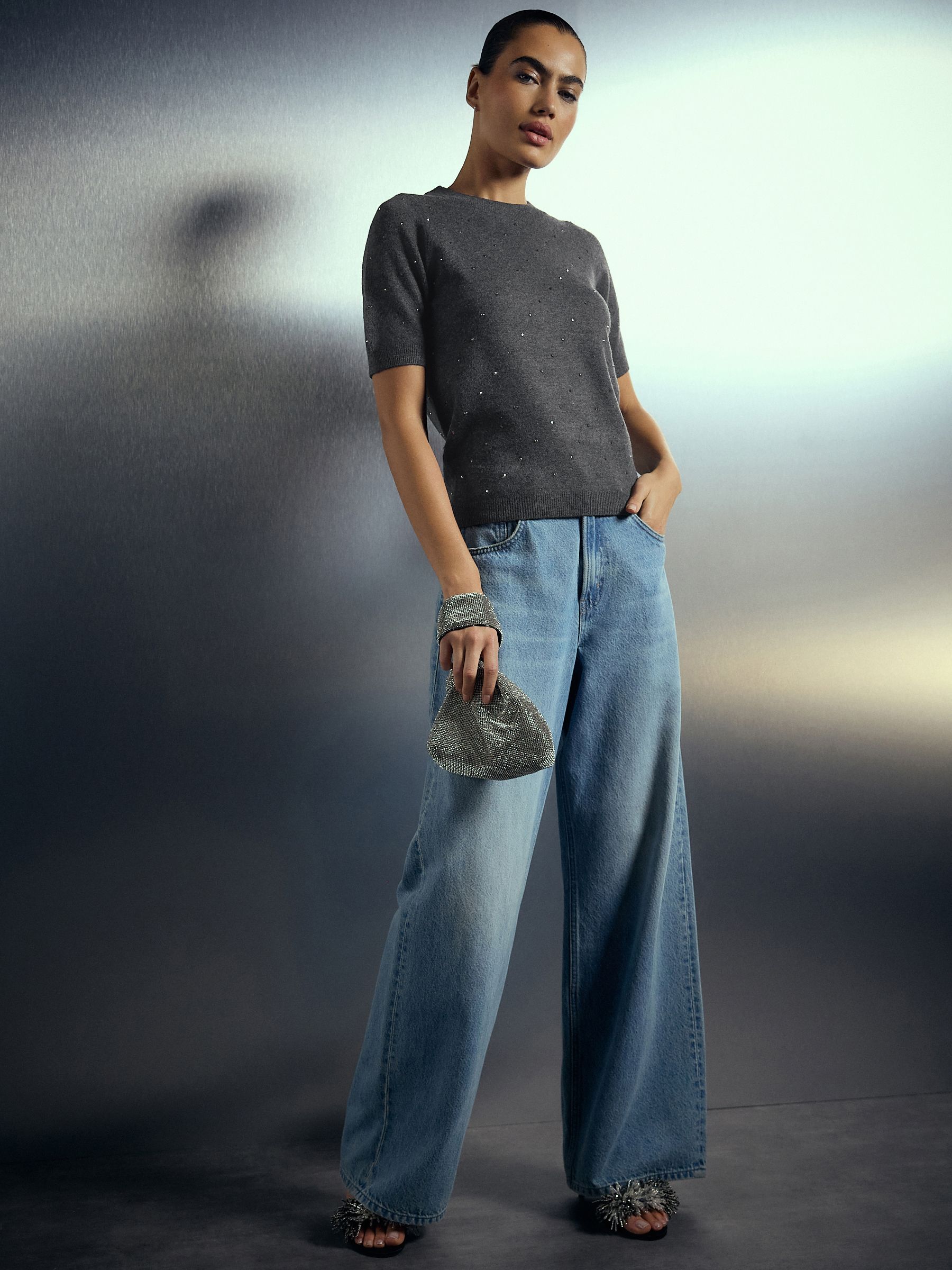 Supersoft Short Sleeve Knitted T-Shirt - Charcoal Grey Heatseal Embellished - Regular - Location Worn