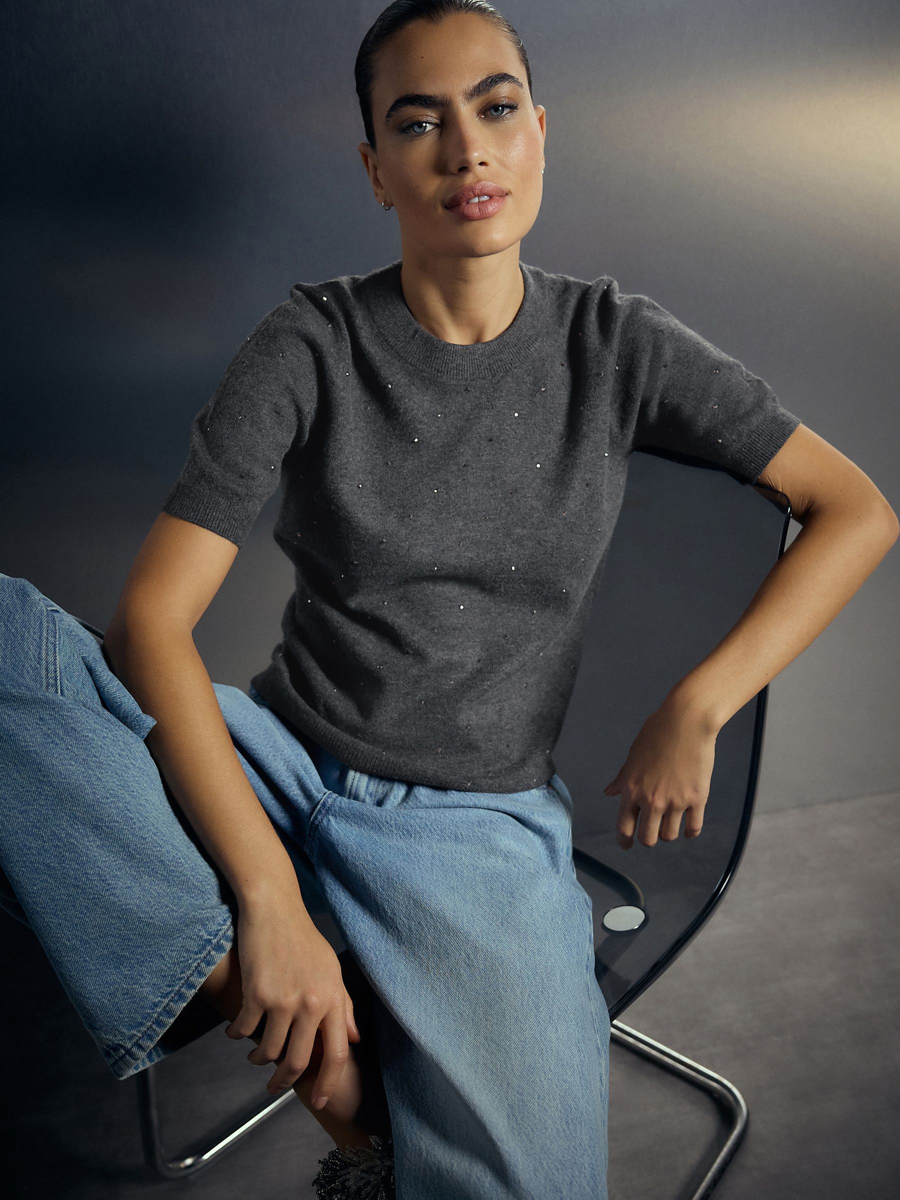 Supersoft Short Sleeve Knitted T-Shirt - Charcoal Grey Heatseal Embellished - Regular - Location Worn