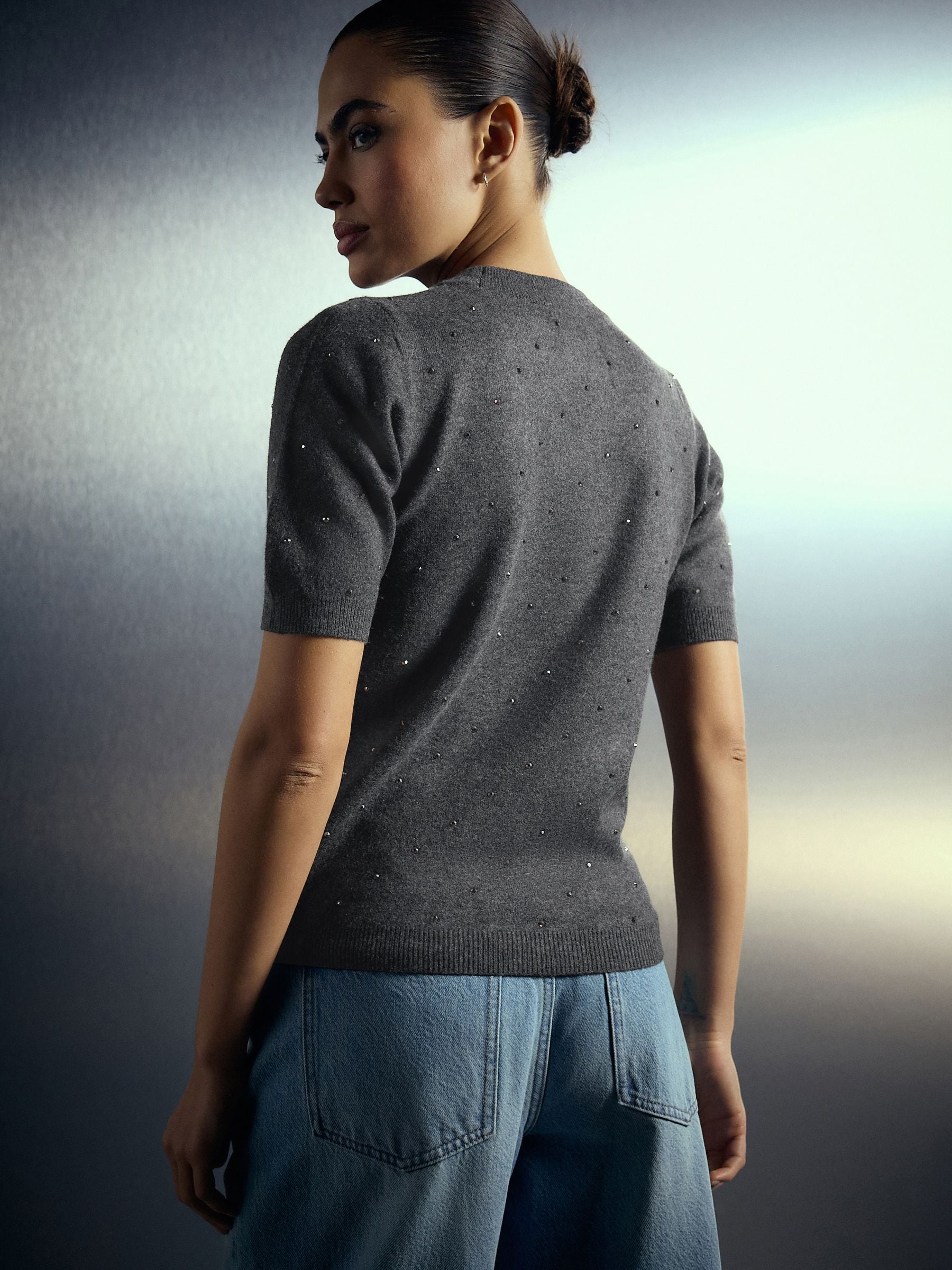 Supersoft Short Sleeve Knitted T-Shirt - Charcoal Grey Heatseal Embellished - Regular - Location Worn