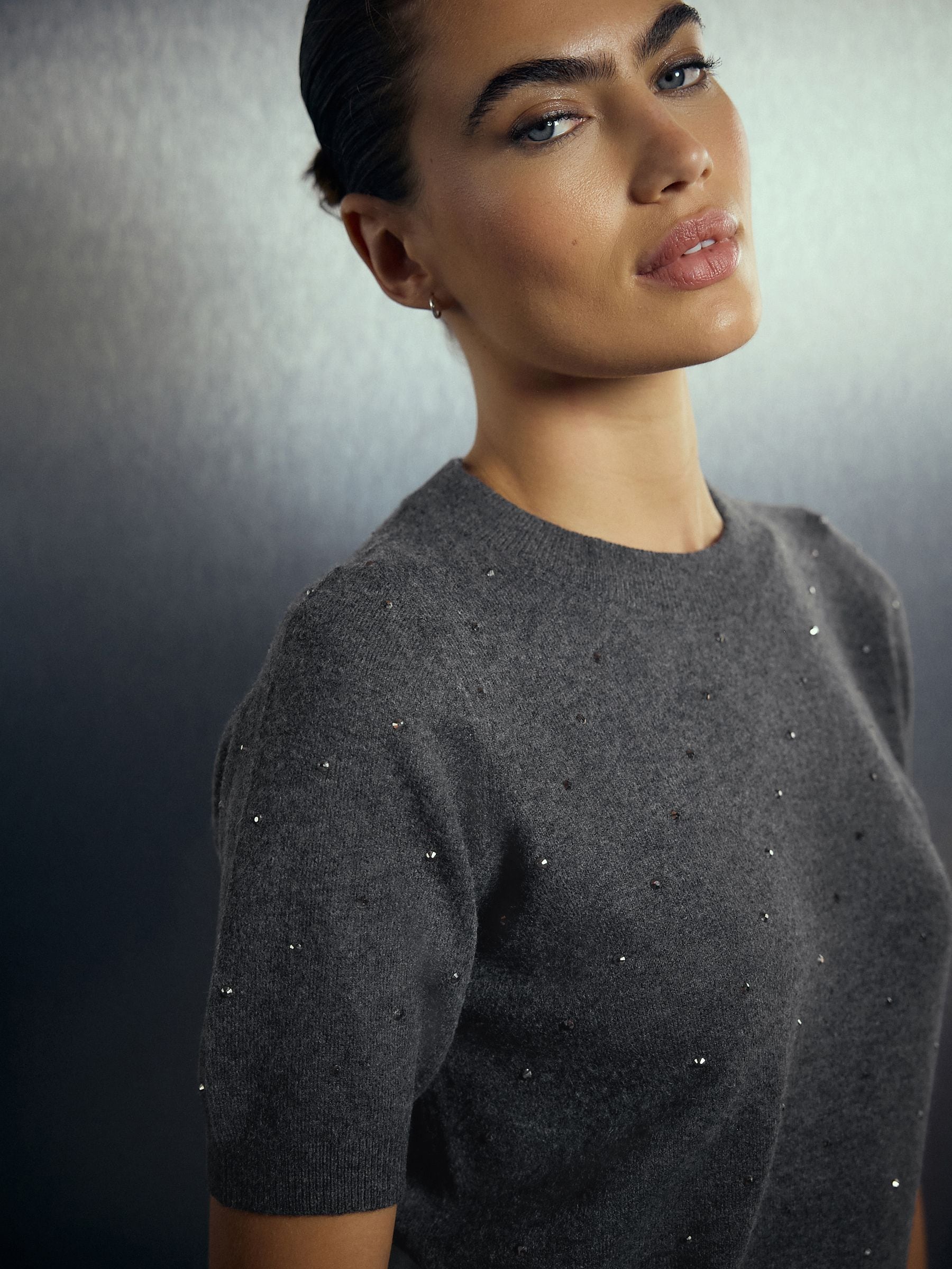 Supersoft Short Sleeve Knitted T-Shirt - Charcoal Grey Heatseal Embellished - Regular - Location Worn