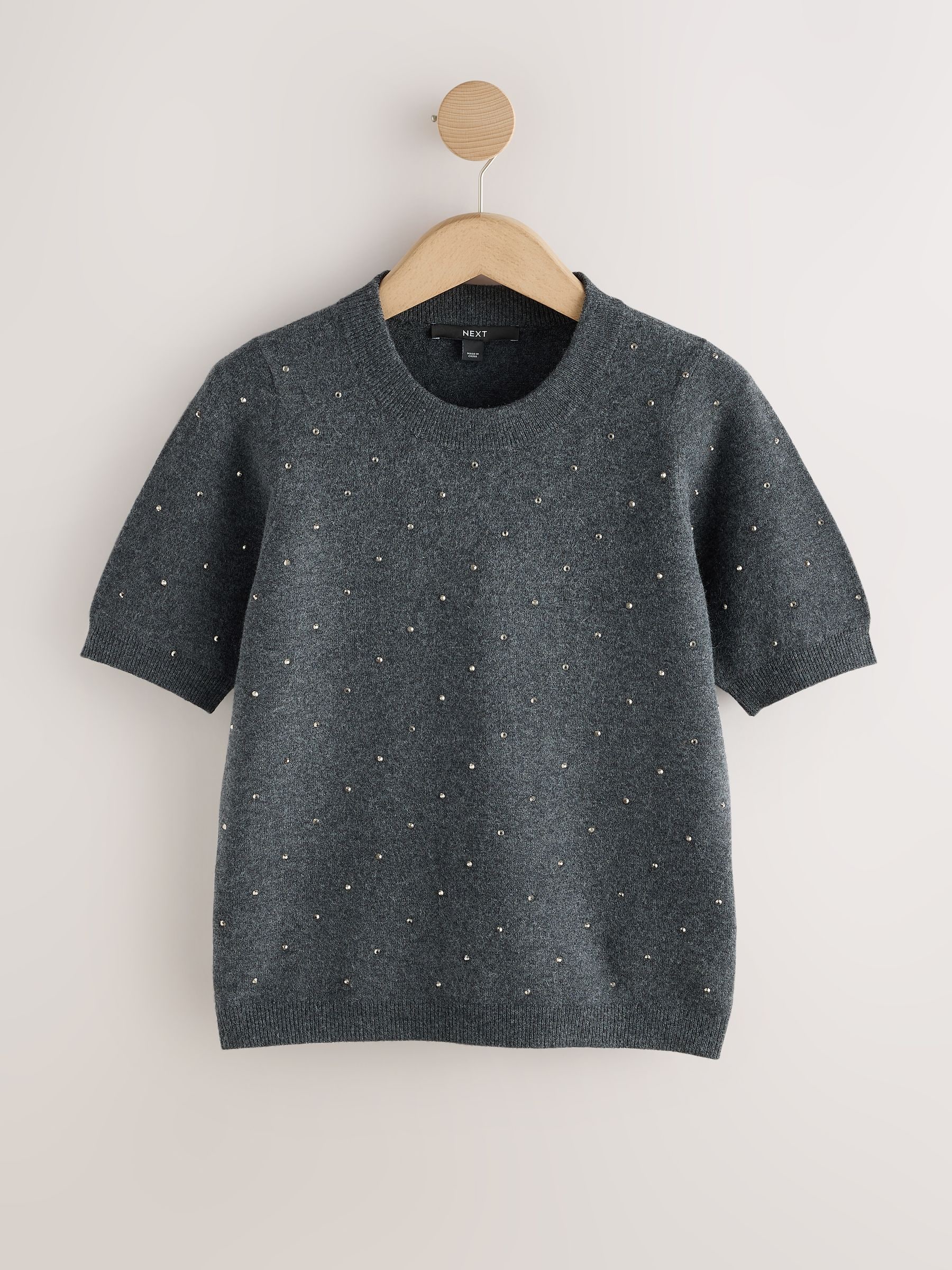 Supersoft Short Sleeve Knitted T-Shirt - Charcoal Grey Heatseal Embellished - Regular - SIP Still Life