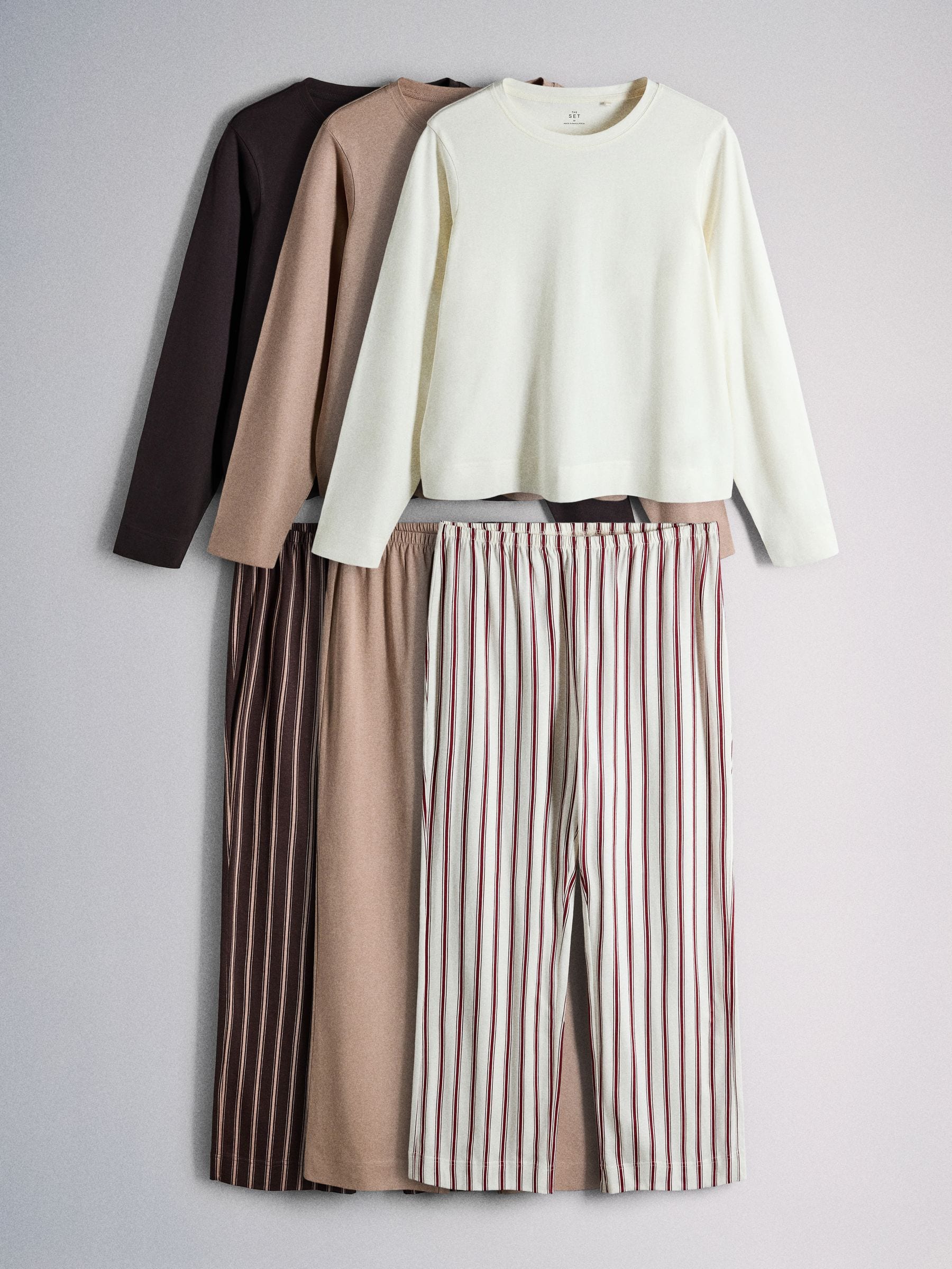 The Set 3 Pack Long Sleeve 100% Cotton Pyjamas - Brown Stripe/Neutral/Cream Red Stripe - Regular - SIP Still Life