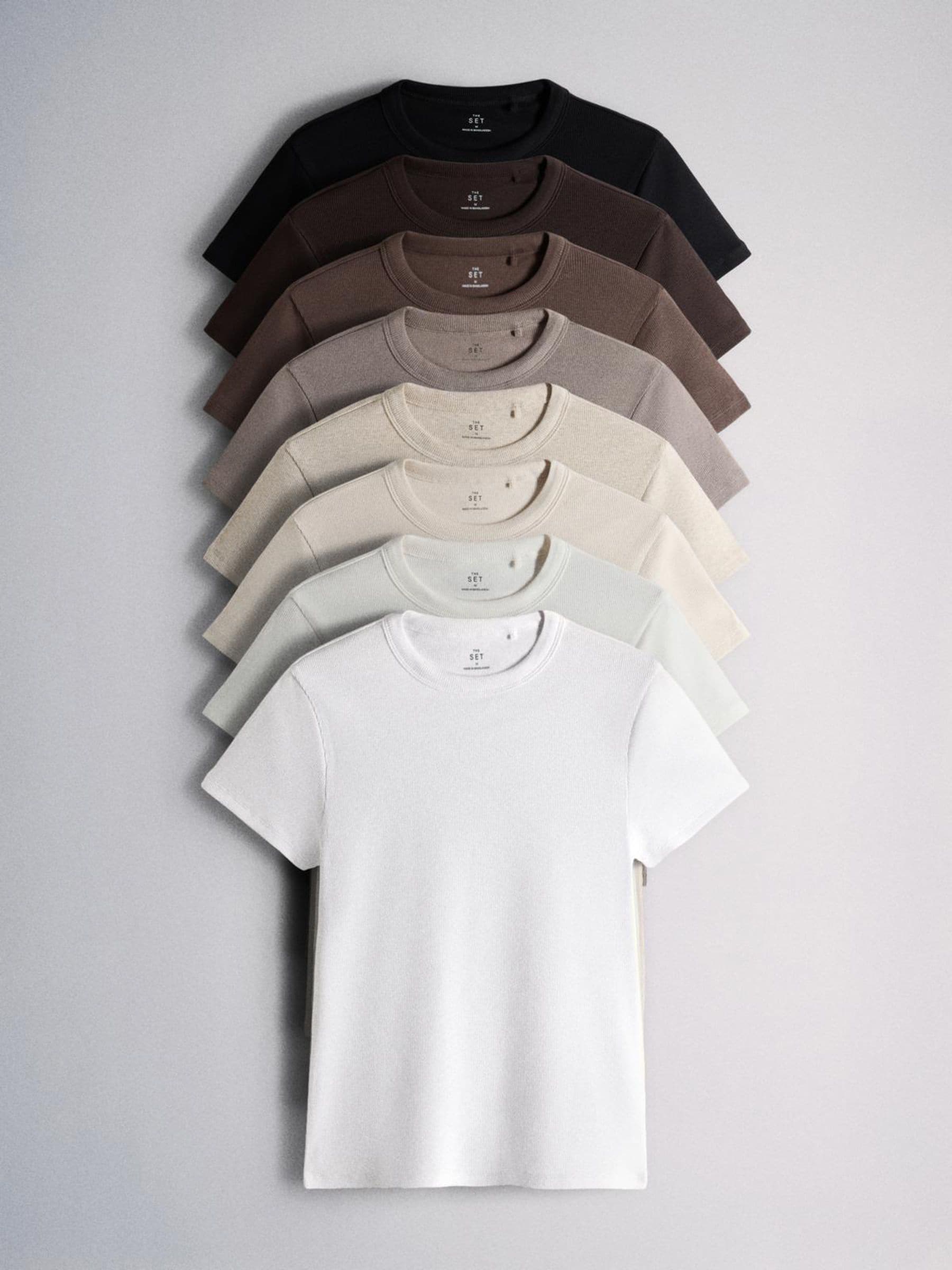 The Set 8 Pack Ribbed Short Sleeve T-Shirts - Black/Brown/Neutral/Oat/Cream/White - Regular - SIP Still Life