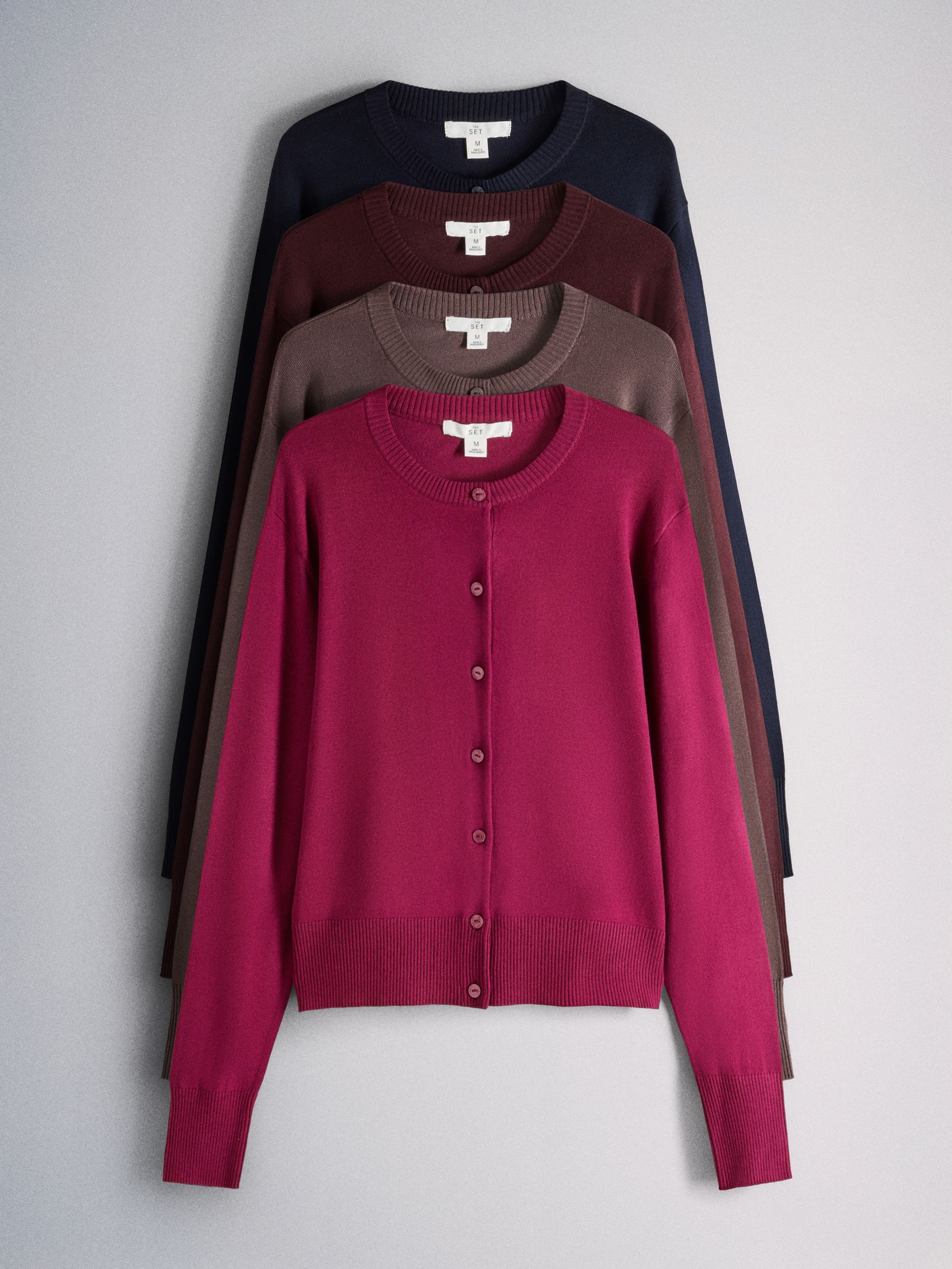 The Set 4 Pack Fine Knit Button Through Cardigan - Navy Blue/Light Brown/Plum/Pink - Regular - SIP Still Life