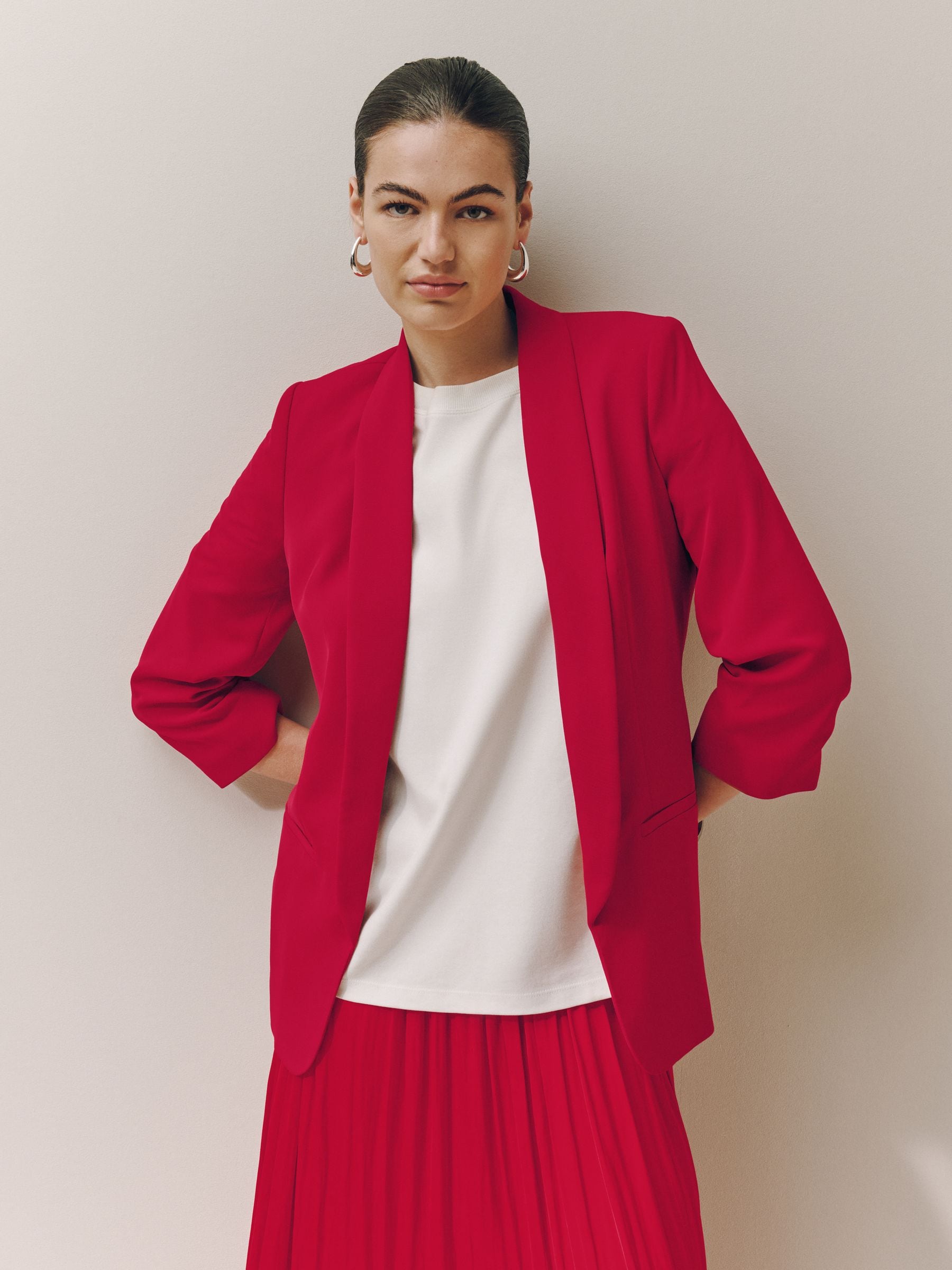Relaxed Ruched Sleeve Blazer - Red - Regular - SIP Worn