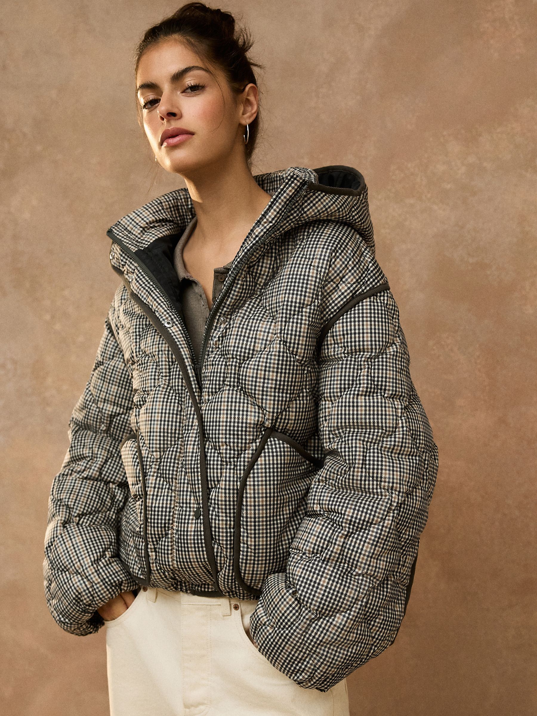 Shower Resistant Lightweight Quilted Jacket - Brown/Blue Check - Regular - Location Worn
